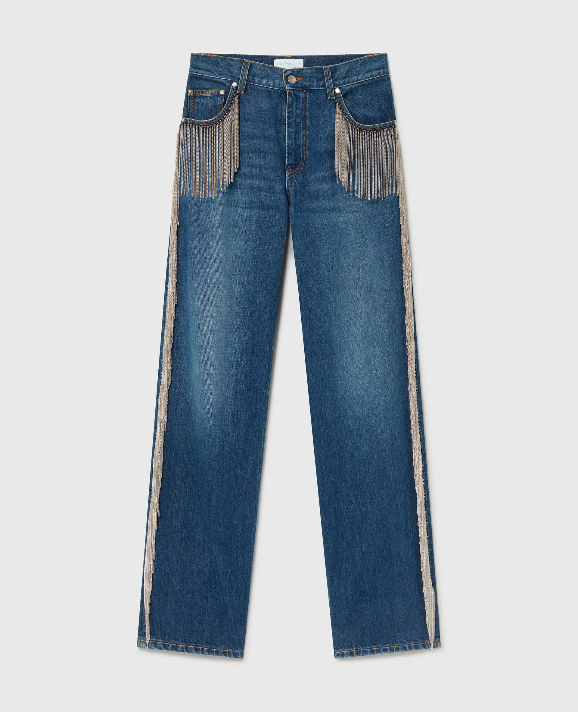 Chain Tassel Straight-Leg Denim Jeans-Blue-medium Chain Tassel Straight-Leg Denim Jeans-Blue-medium