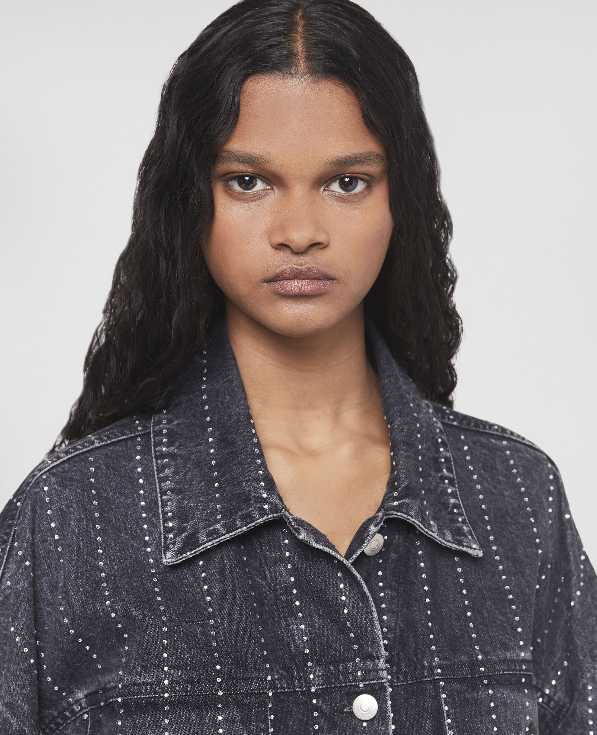 Crystal Pinstripe Oversized Denim Jacket-Black-large image number 3