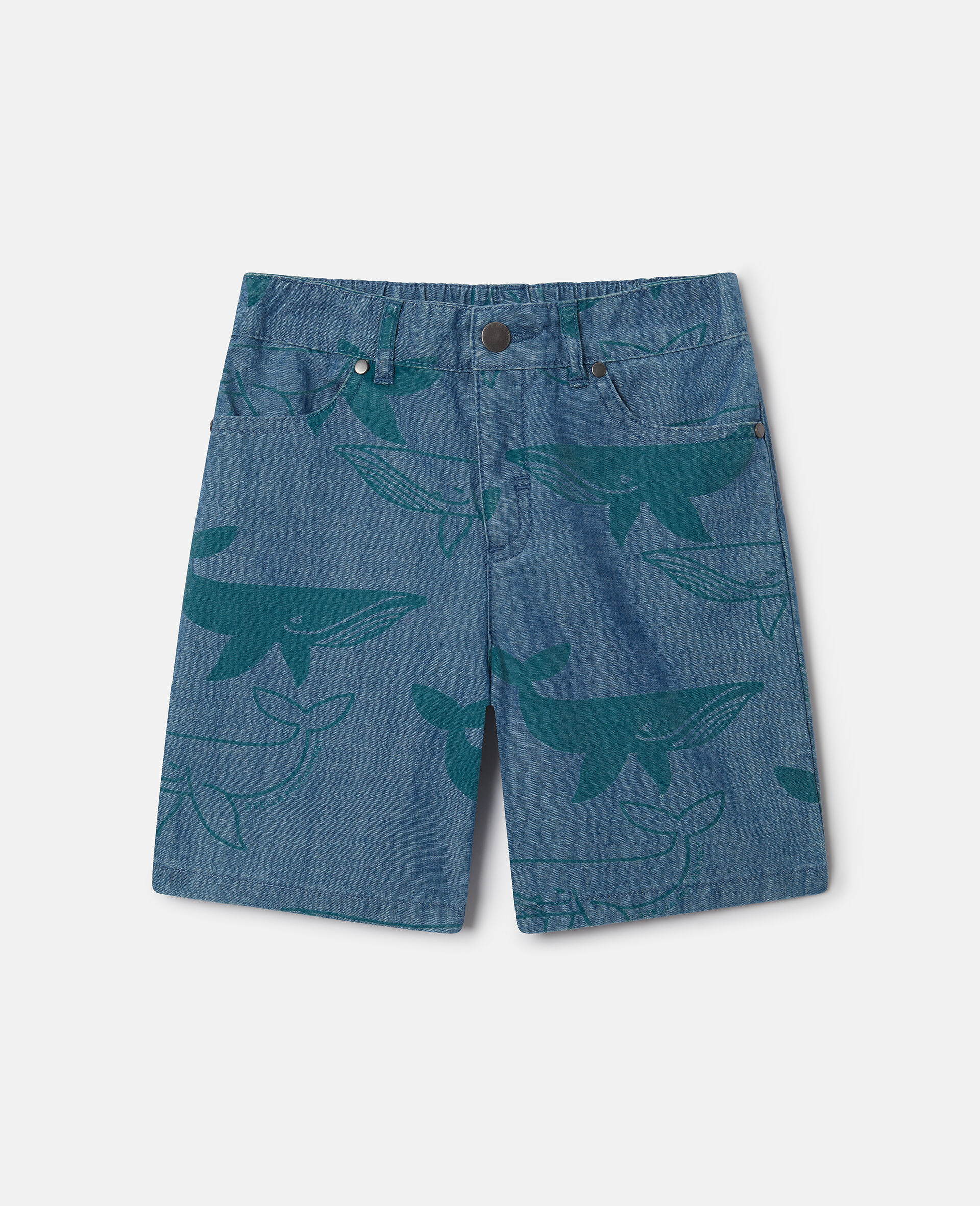 Whale Print Denim Shorts-Blue-medium