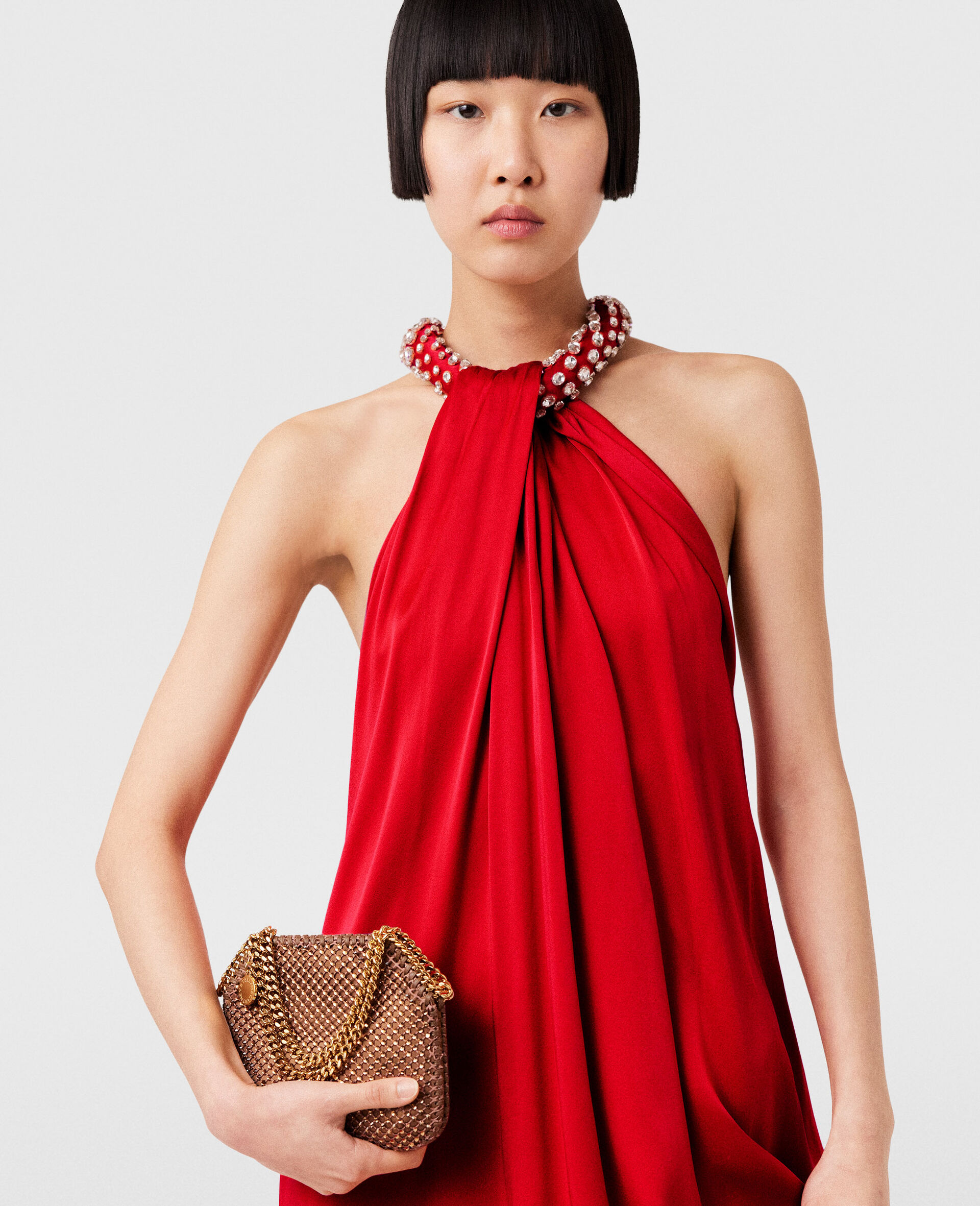 Robe longue en satin a dos nu et cristaux-Rouge-large image number 3