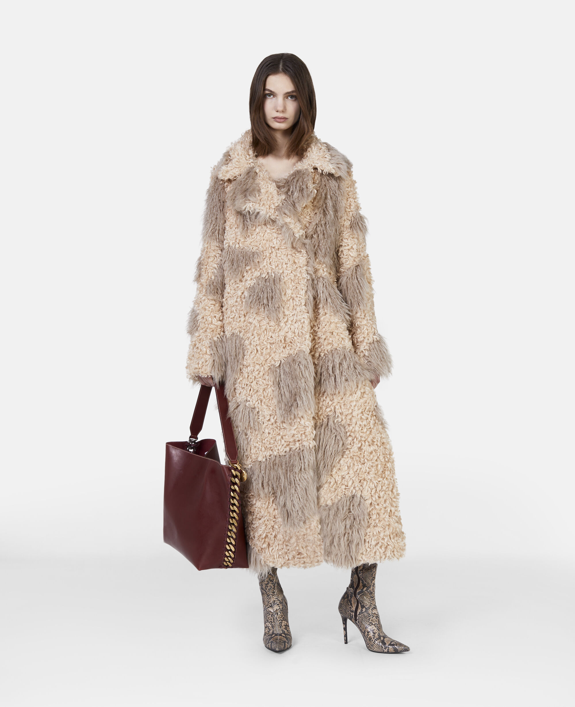 Women Oat Clay Tree Bark Print Long Teddy Coat Stella McCartney GB