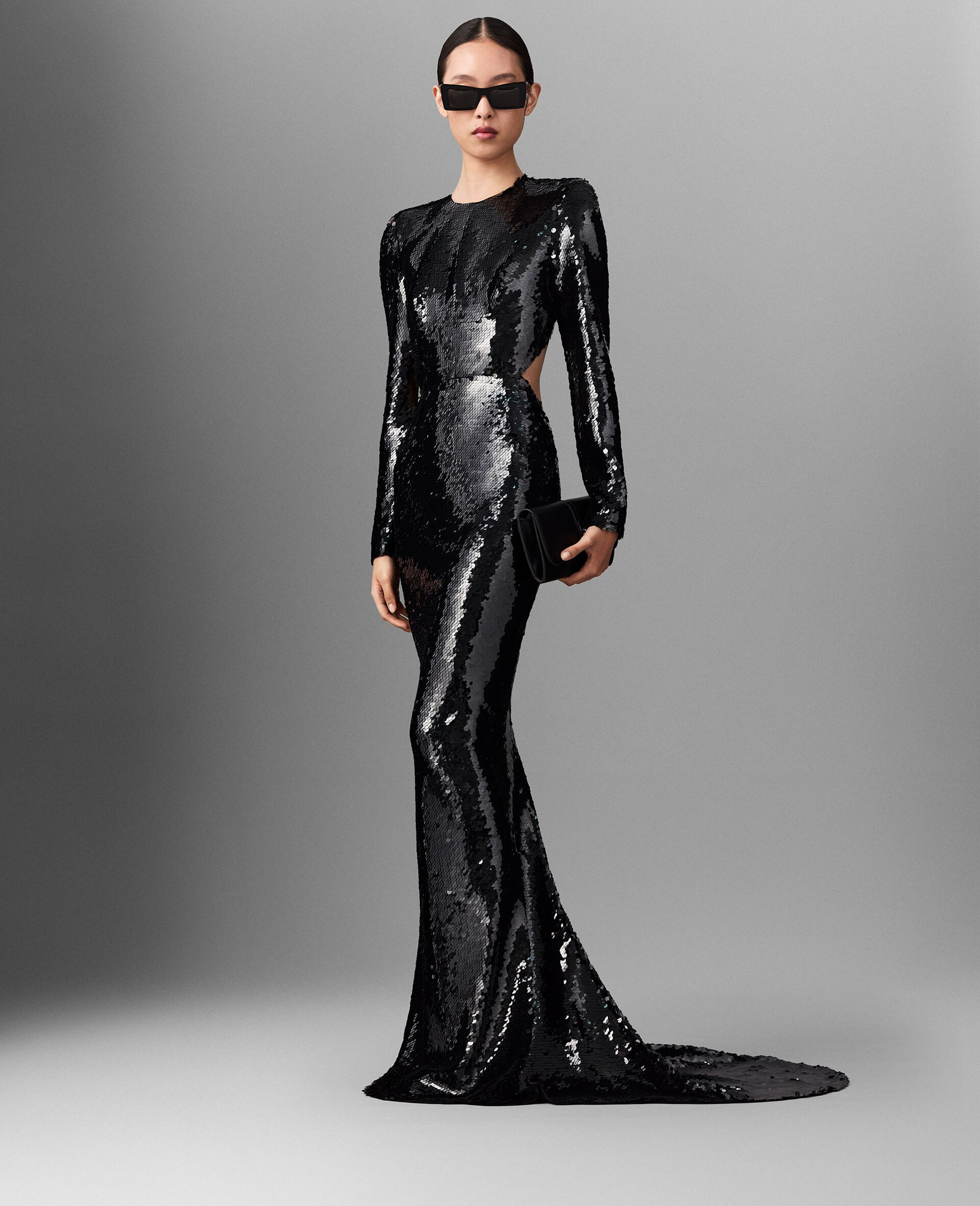 Long-Sleeve Sequin Backless Dress-Black-medium