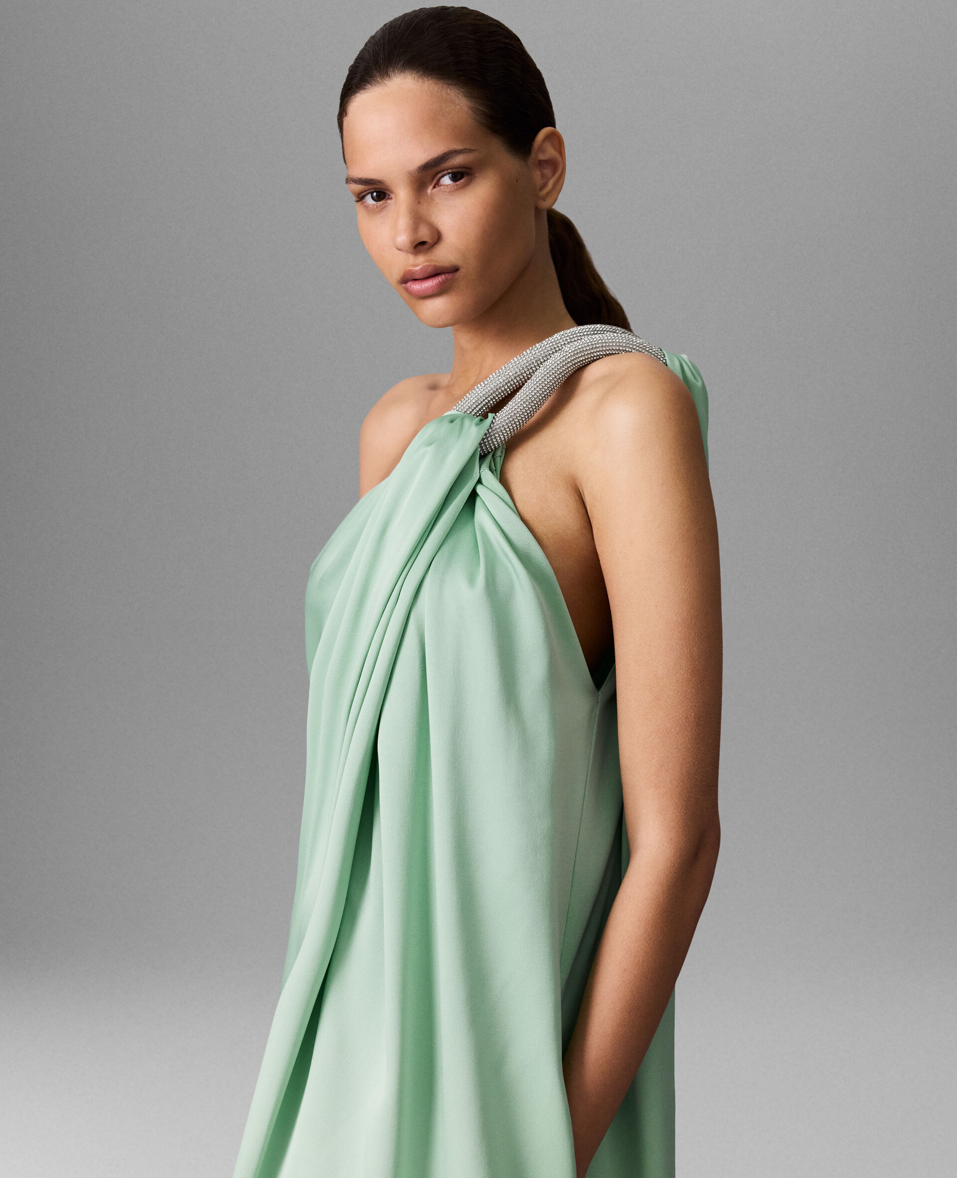 Lead-Free Crystal Chain Link Asymmetric Draped Maxi Dress-Green-large image number 2