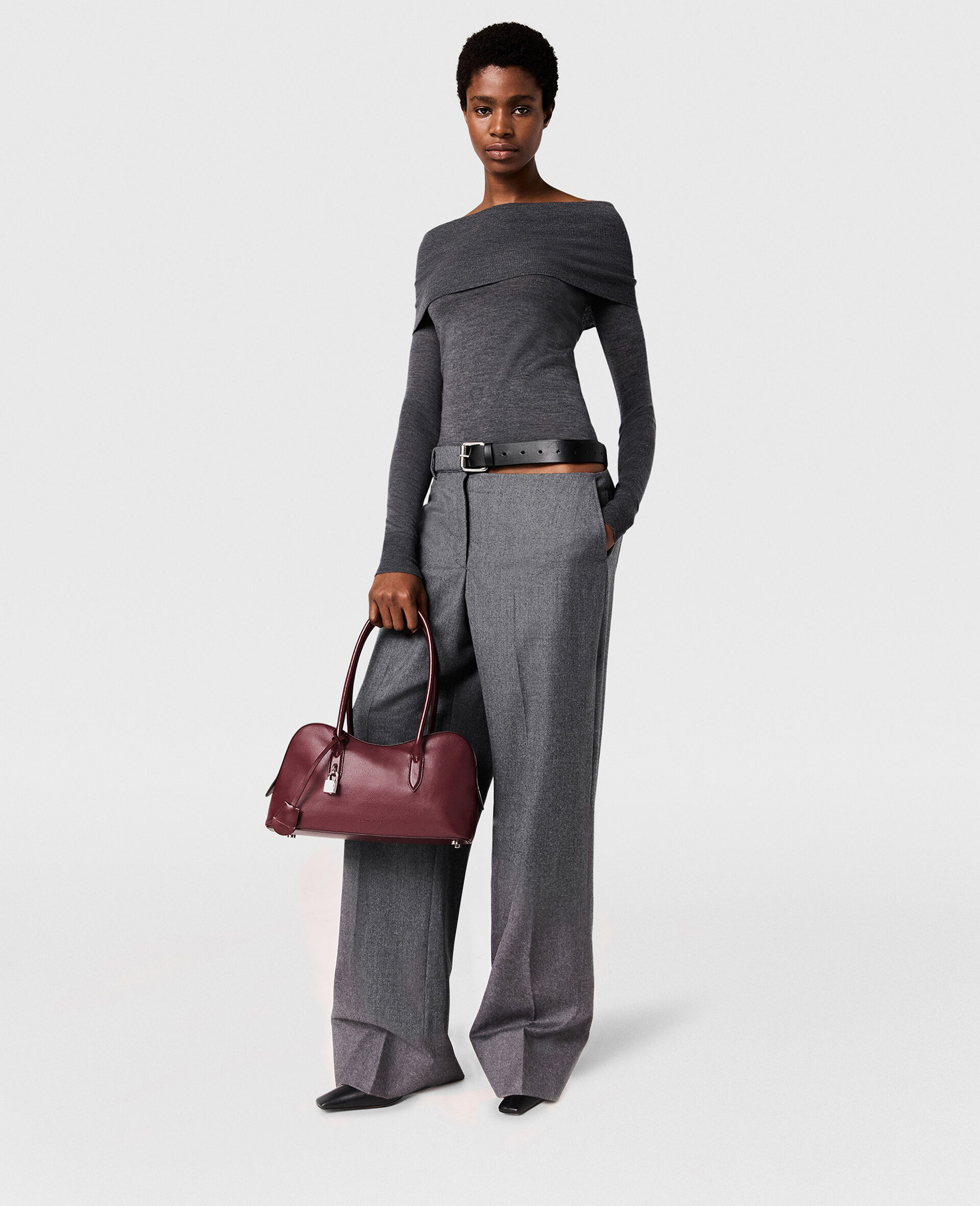 Belted Flannel Straight-Leg Trousers-Grey-model