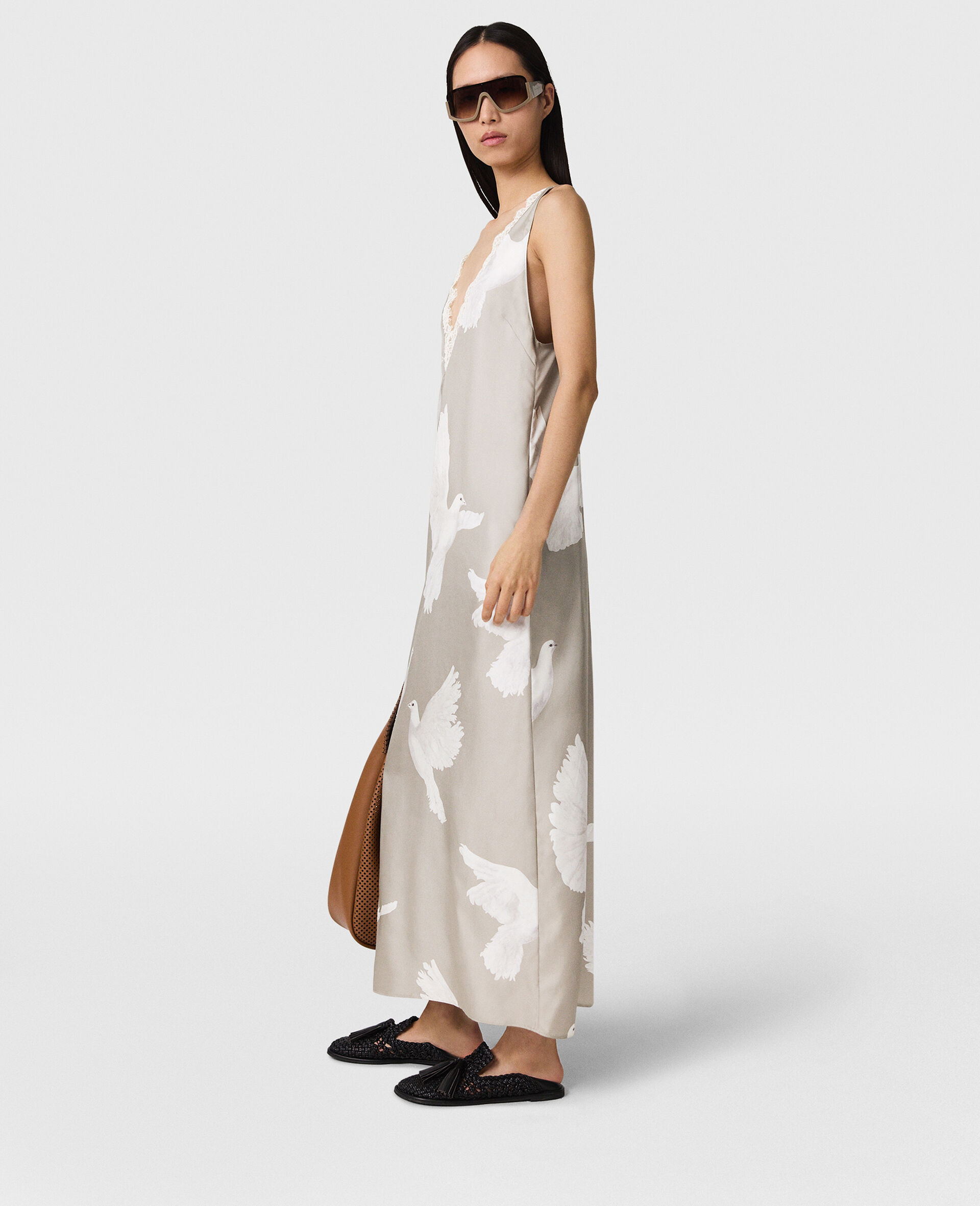 Robe midi sans manches a col en V avec imprime colombe-Beige-large image number 2