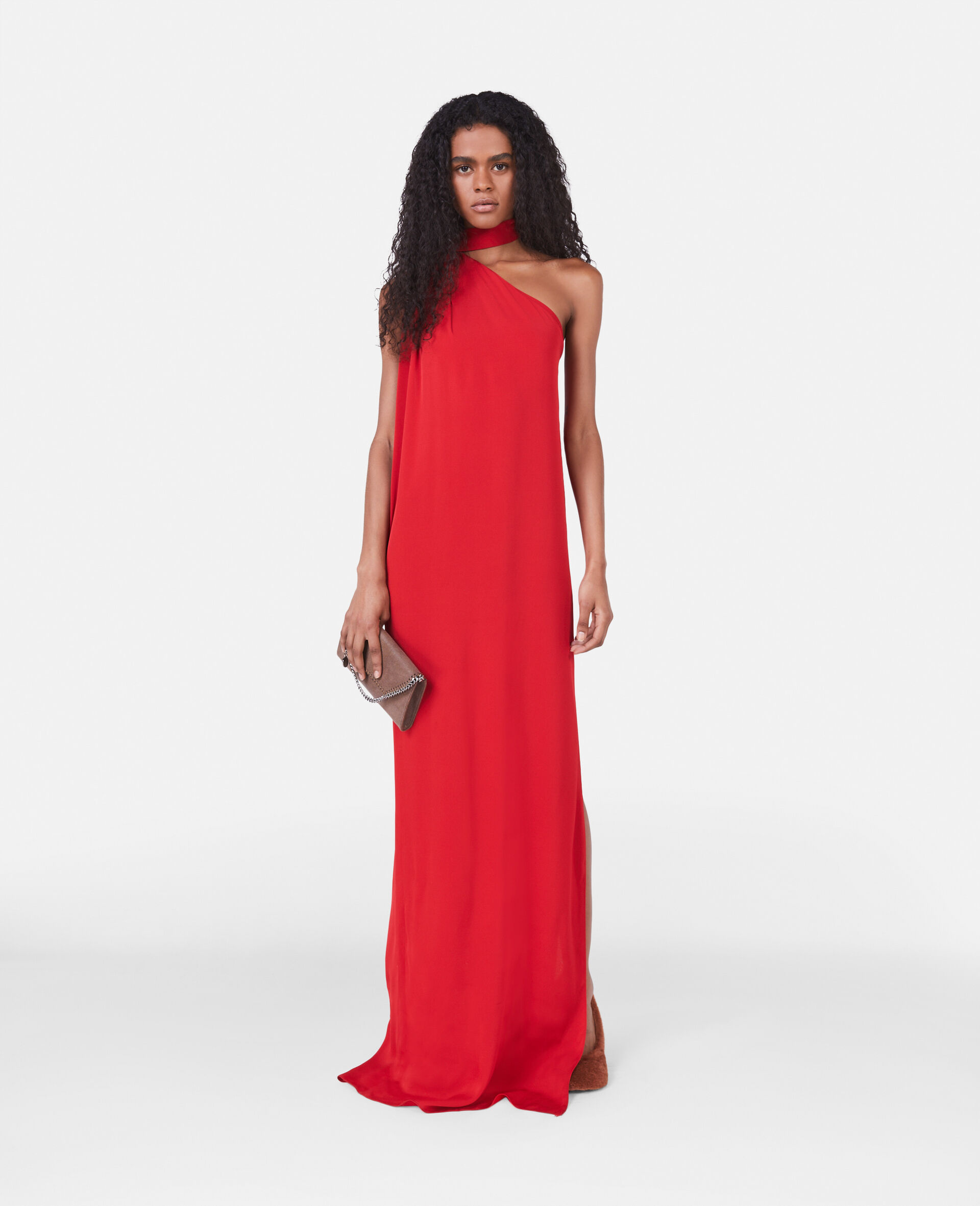 One-Shoulder Scarf Maxi Dress-Red-model