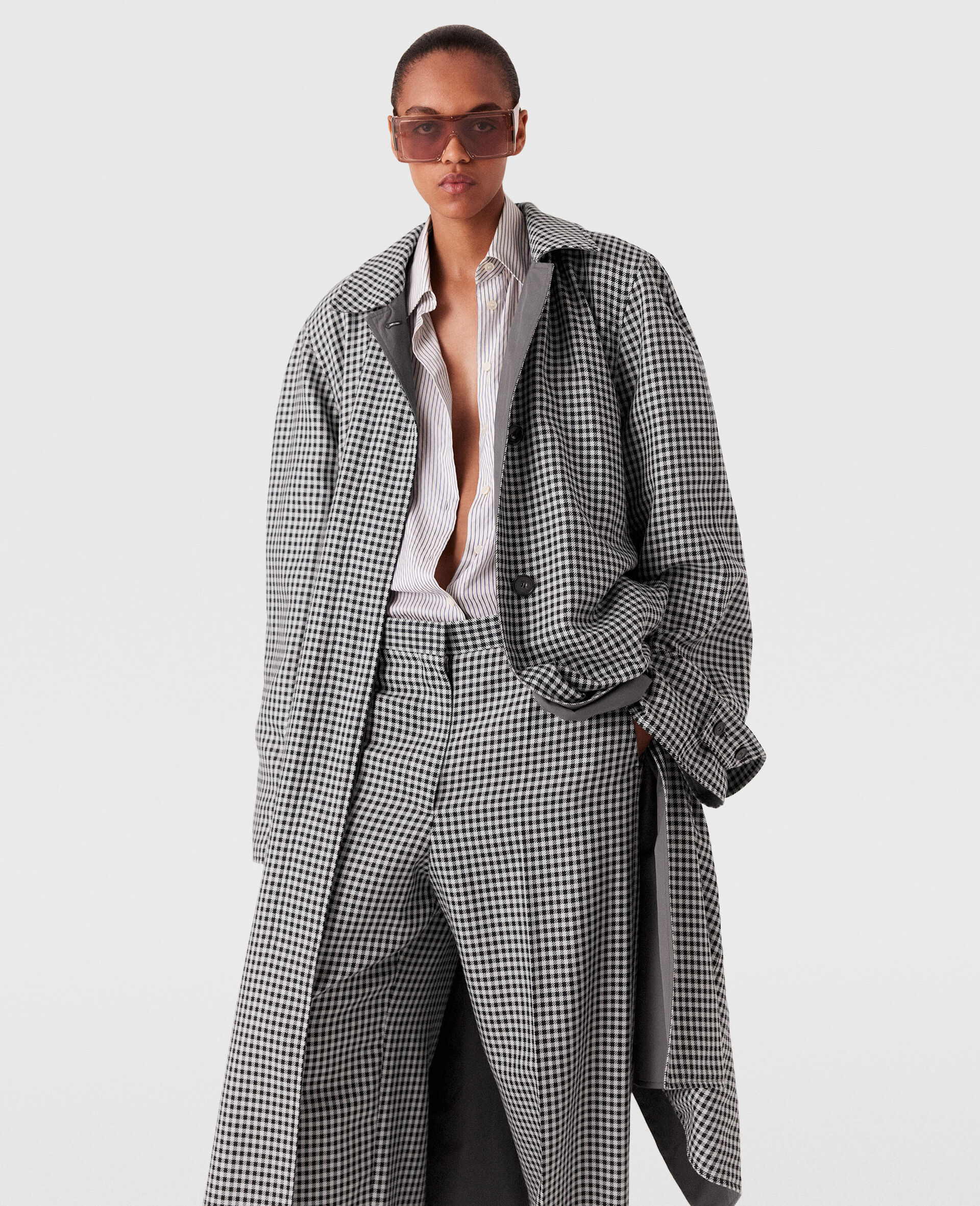 Oversized Check Belted Trench Coat-Cream-large image number 1