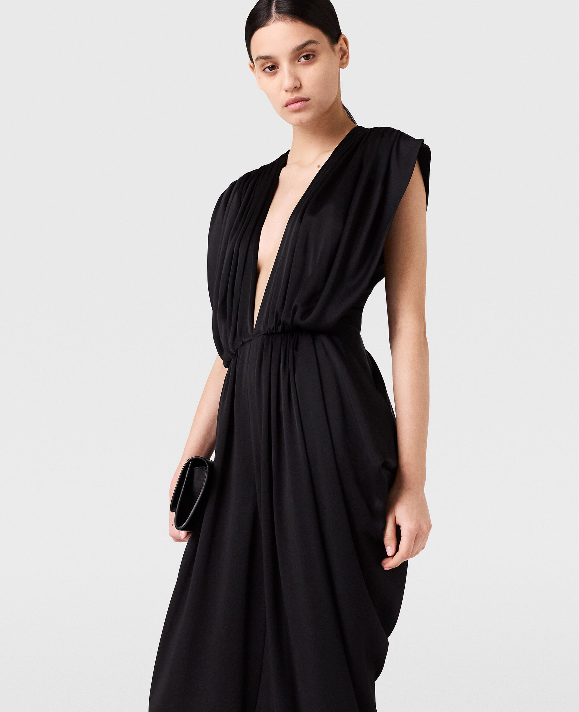 Deep V-Neck Shoulder Pad Pleated Jumpsuit-Black-large image number 5