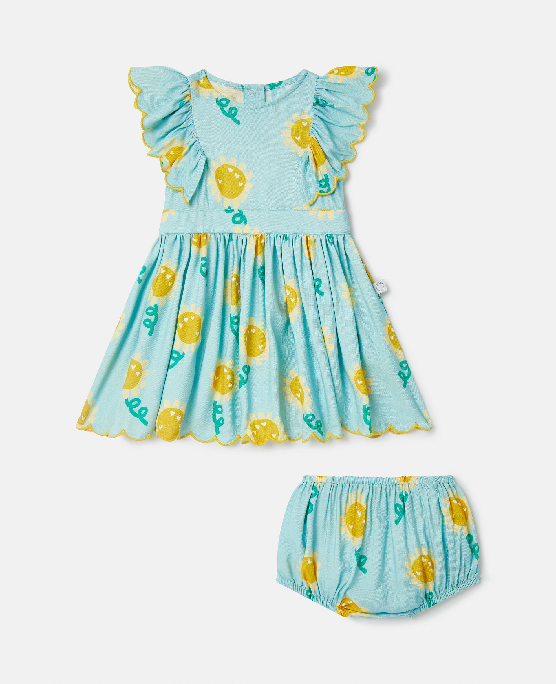 Sunflower Print Sleeveless Dress and Bloomers Set-Blue-medium