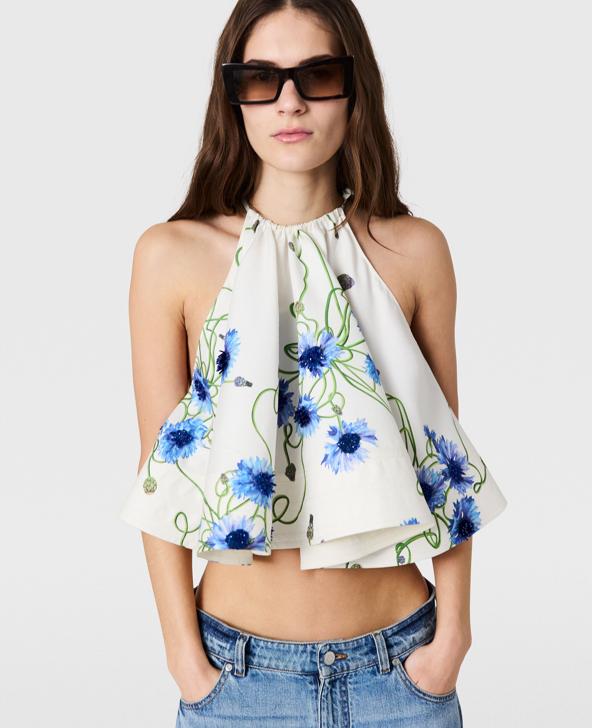 Embroidered Cornflower Sleeveless Frill Top-White-medium