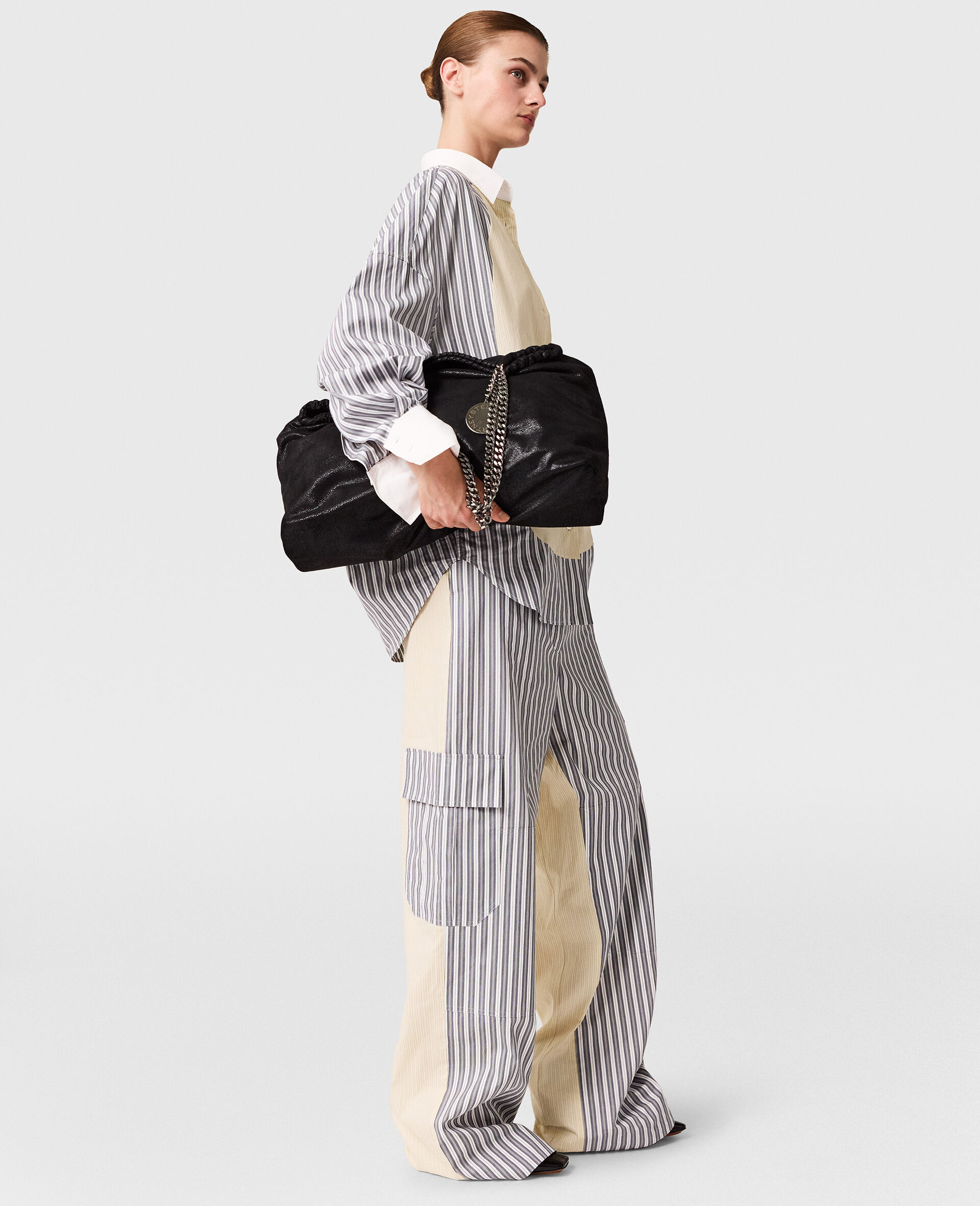 Oversized Mixed Stripe Cargo Trousers-Grey-large image number 2