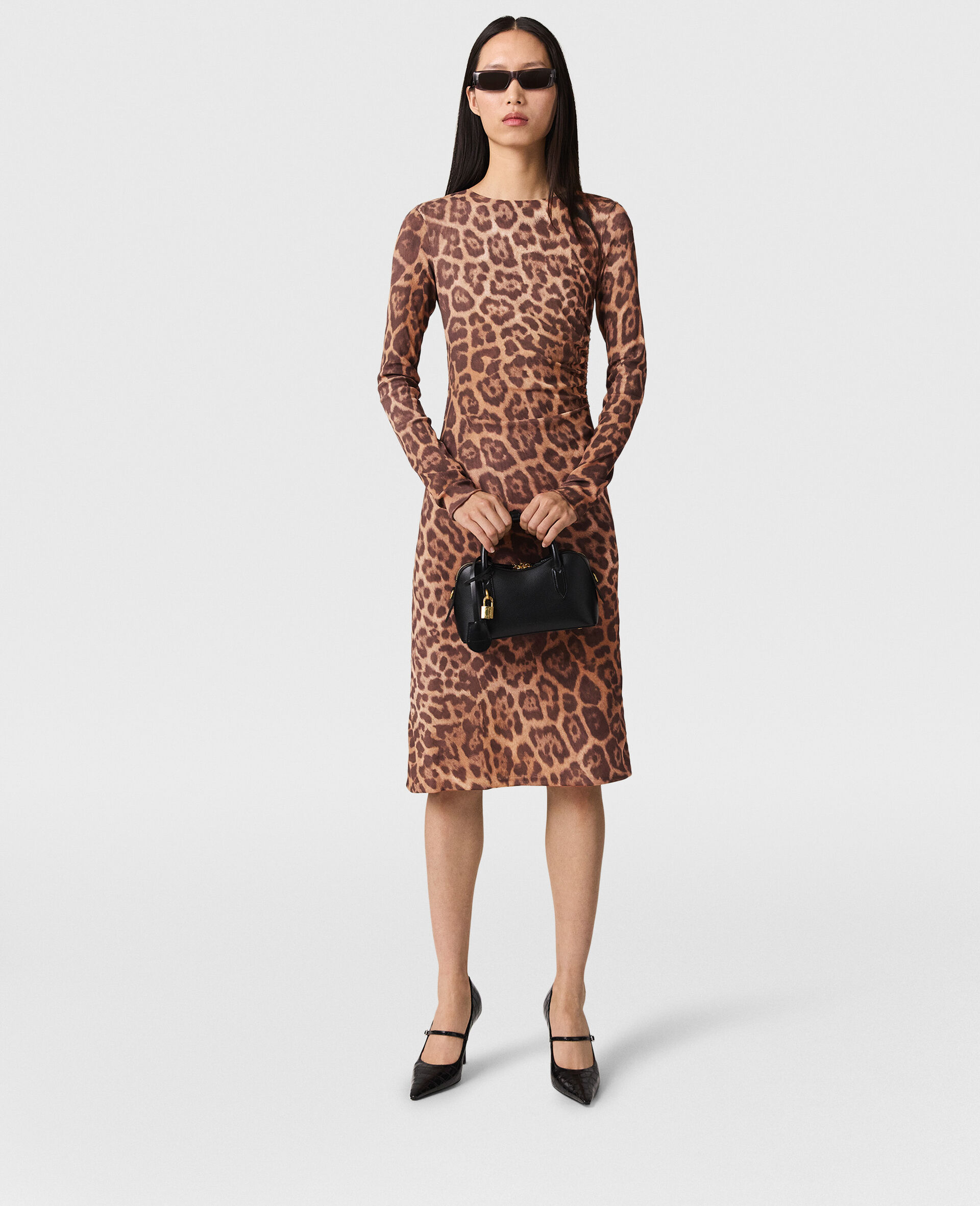 Leopard Long-Sleeve Midi Dress-棕色-large image number 6