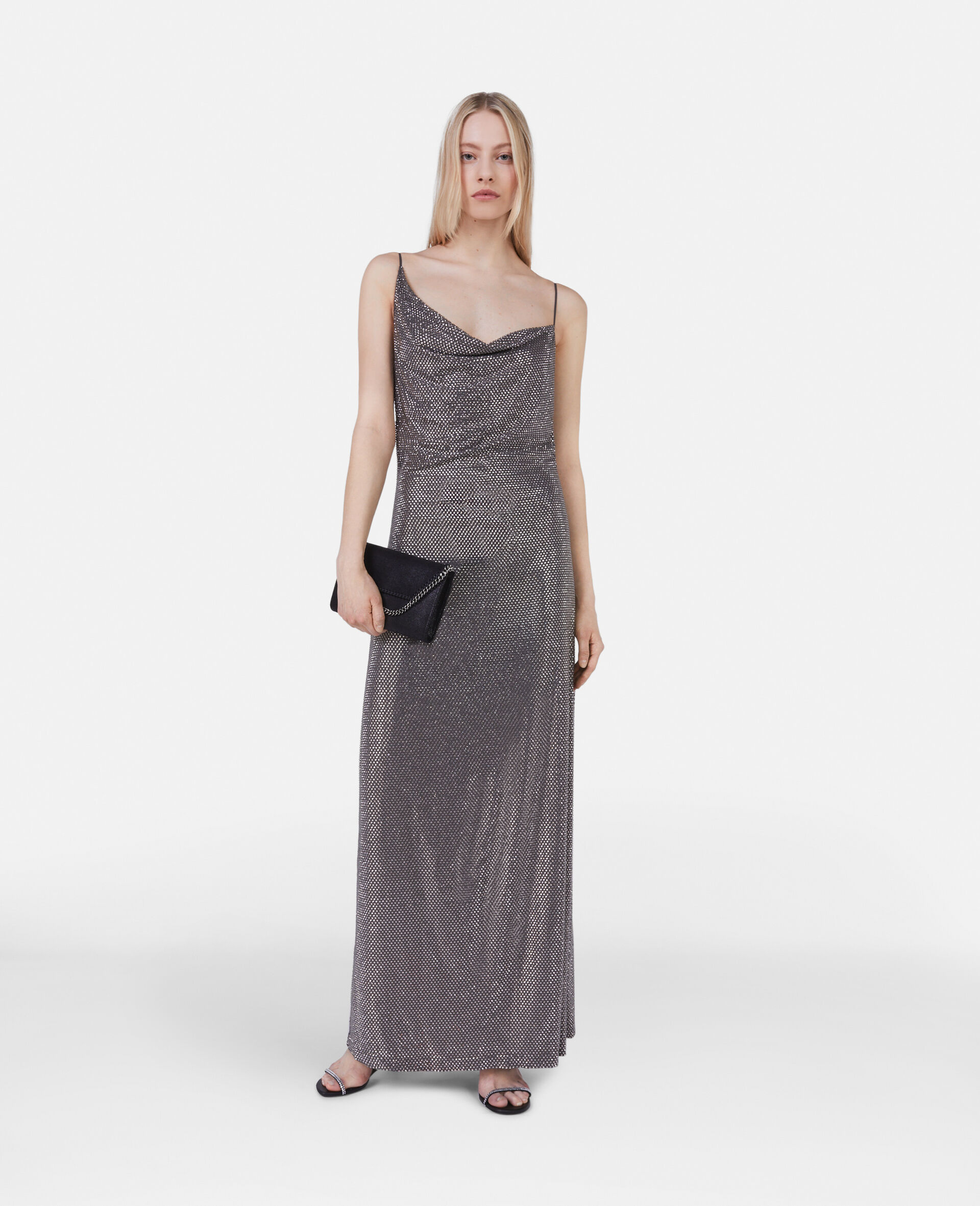 Robe a col benitier asymetrique ornee de cristaux-Marron-model Robe a col benitier asymetrique ornee de cristaux-Marron-model