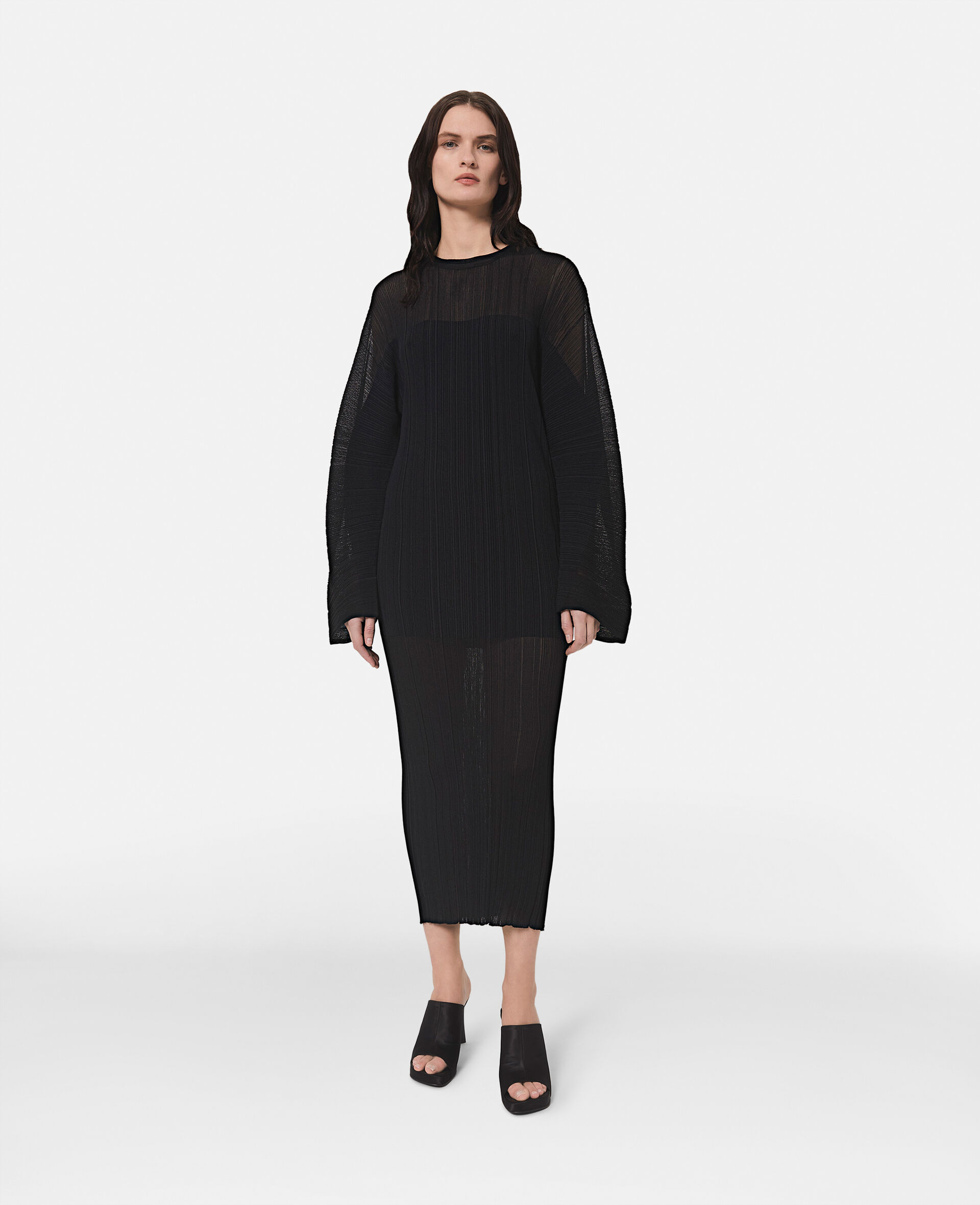 Banana Sleeve Plisse Pleat Knit Dress-Black-large image number 0