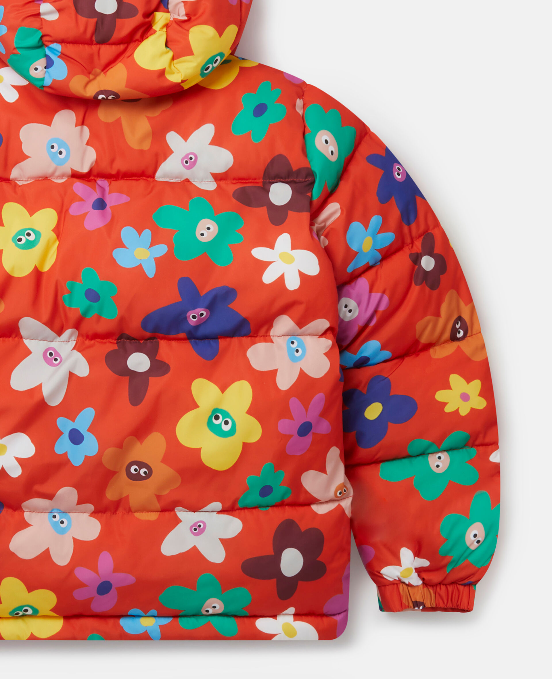 Smiling Flower Print Hooded Puffer Coat-Red-large Smiling Flower Print Hooded Puffer Coat-Red-large image number 3