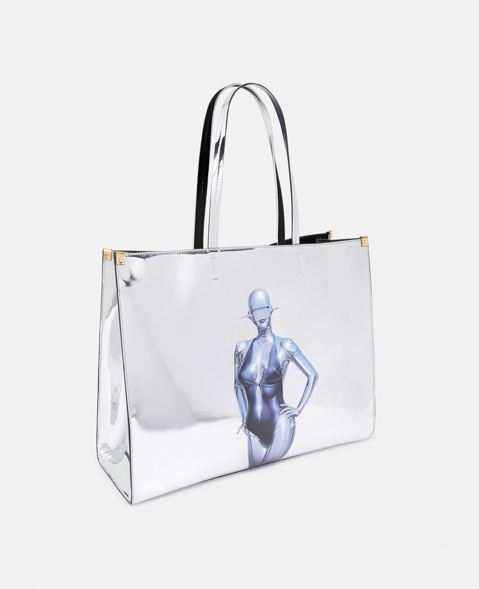 Sexy Robot Graphic Mirrored Chrome-Effect Tote Bag-Silver-large image number 1
