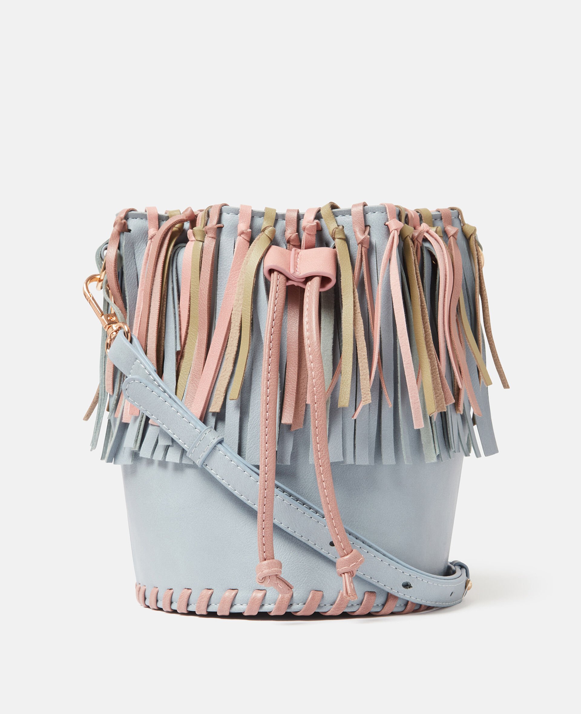 Borsa a Secchiello con Nappine e Frange-Grigio-medium