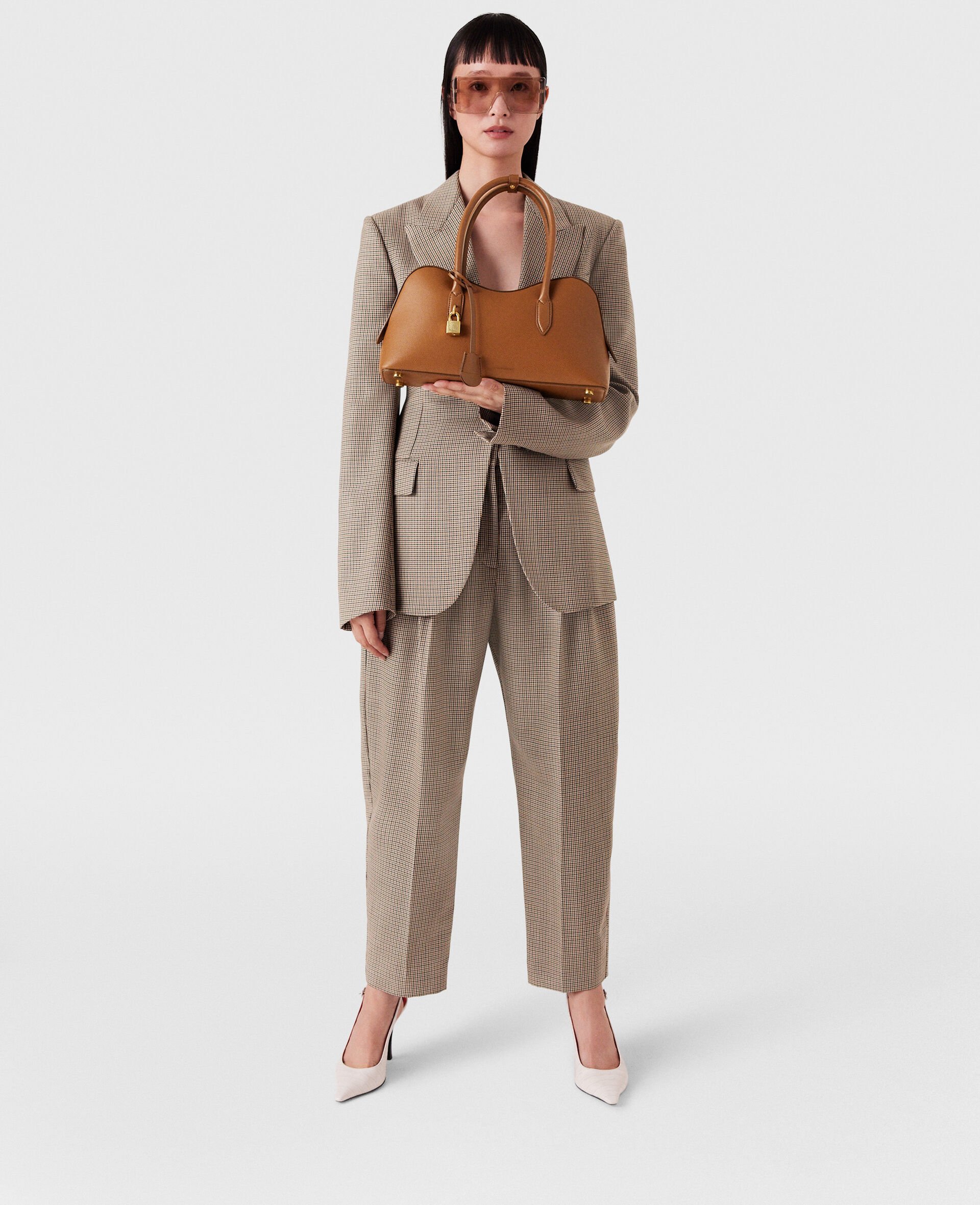 Pleated Houndstooth Wool Trousers-Brown-model