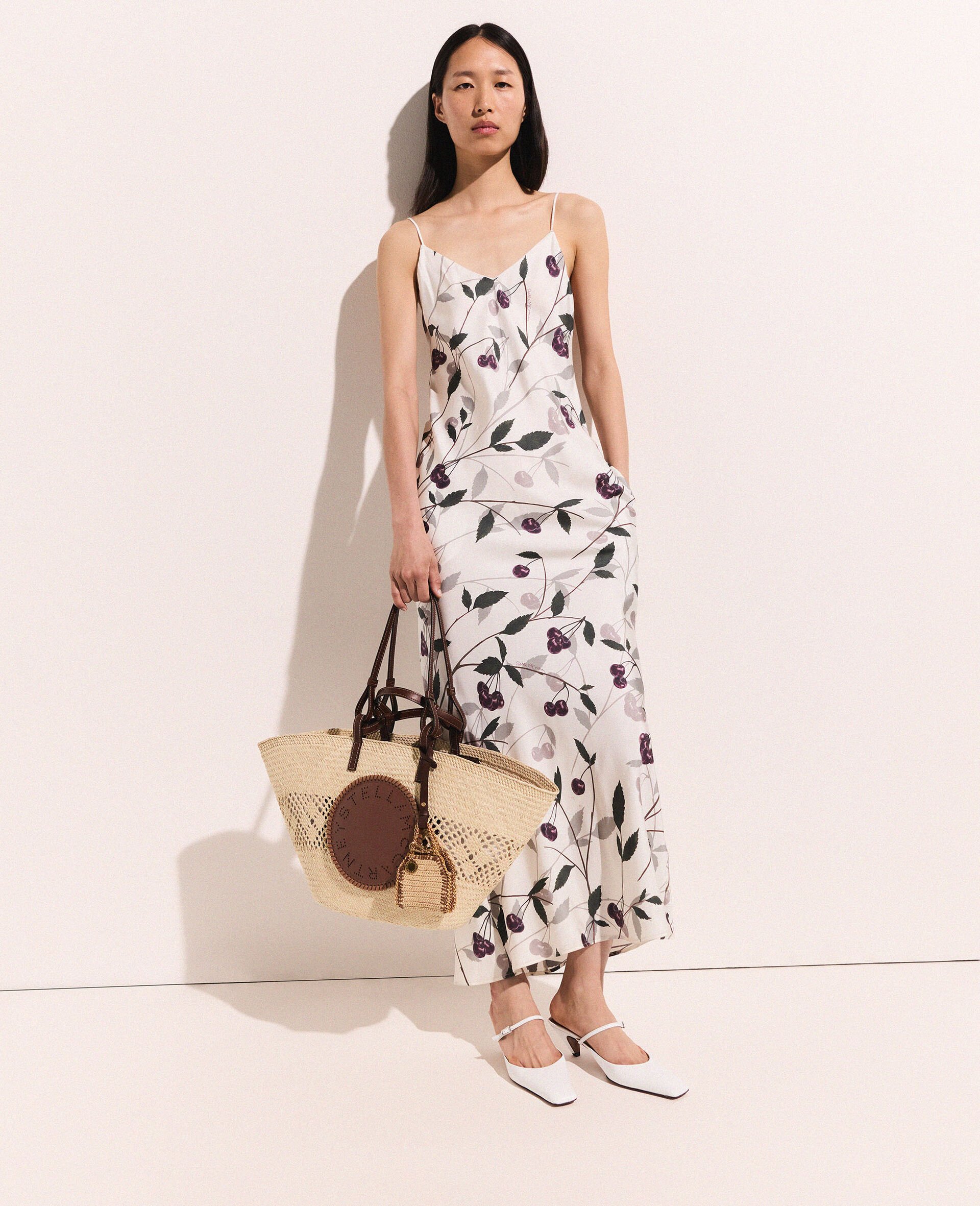 Cherry Print Sleeveless Midi Dress-Beige-model
