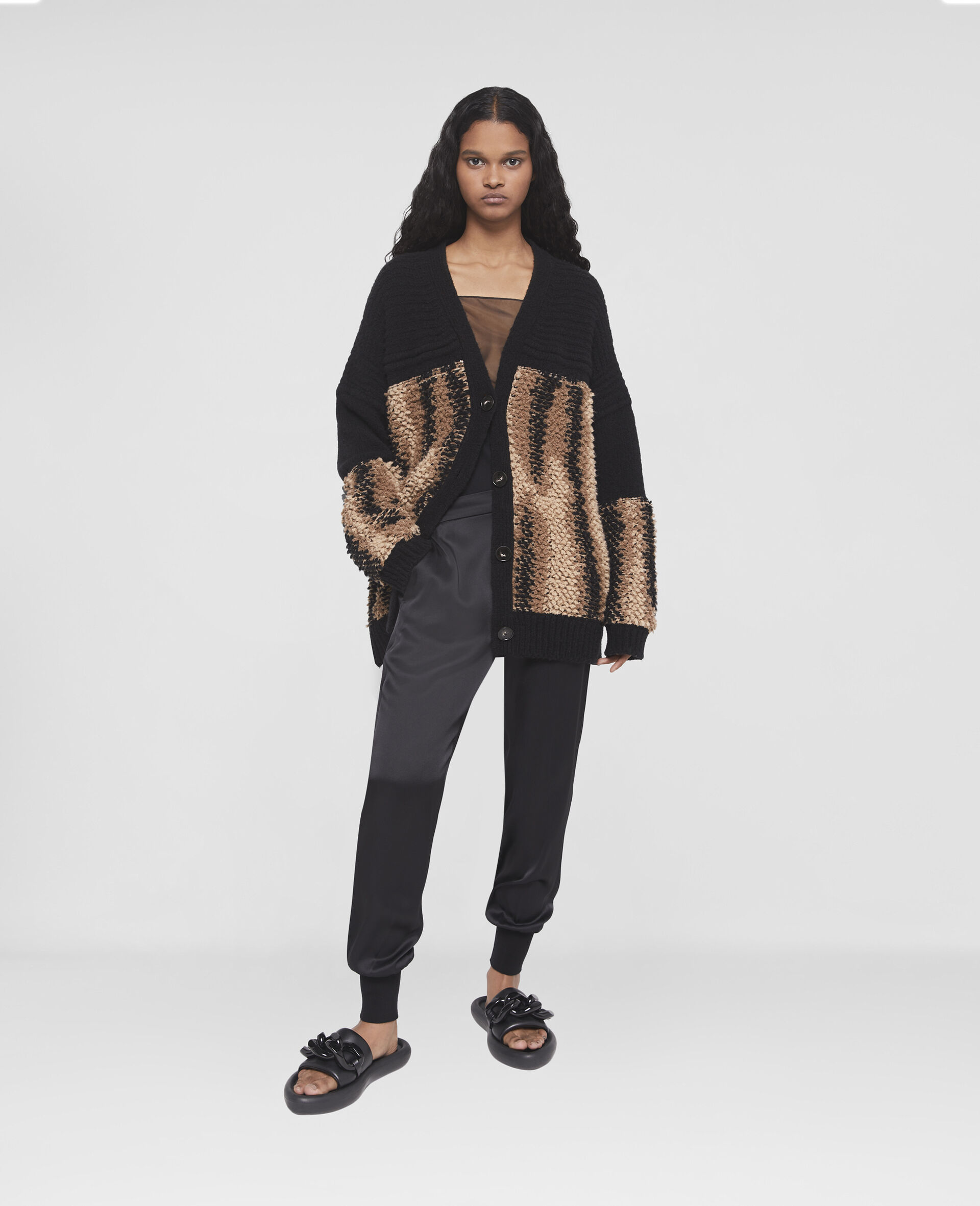 Fur Free Fur Panel Textured Knit Cardigan-Black-large image number 1