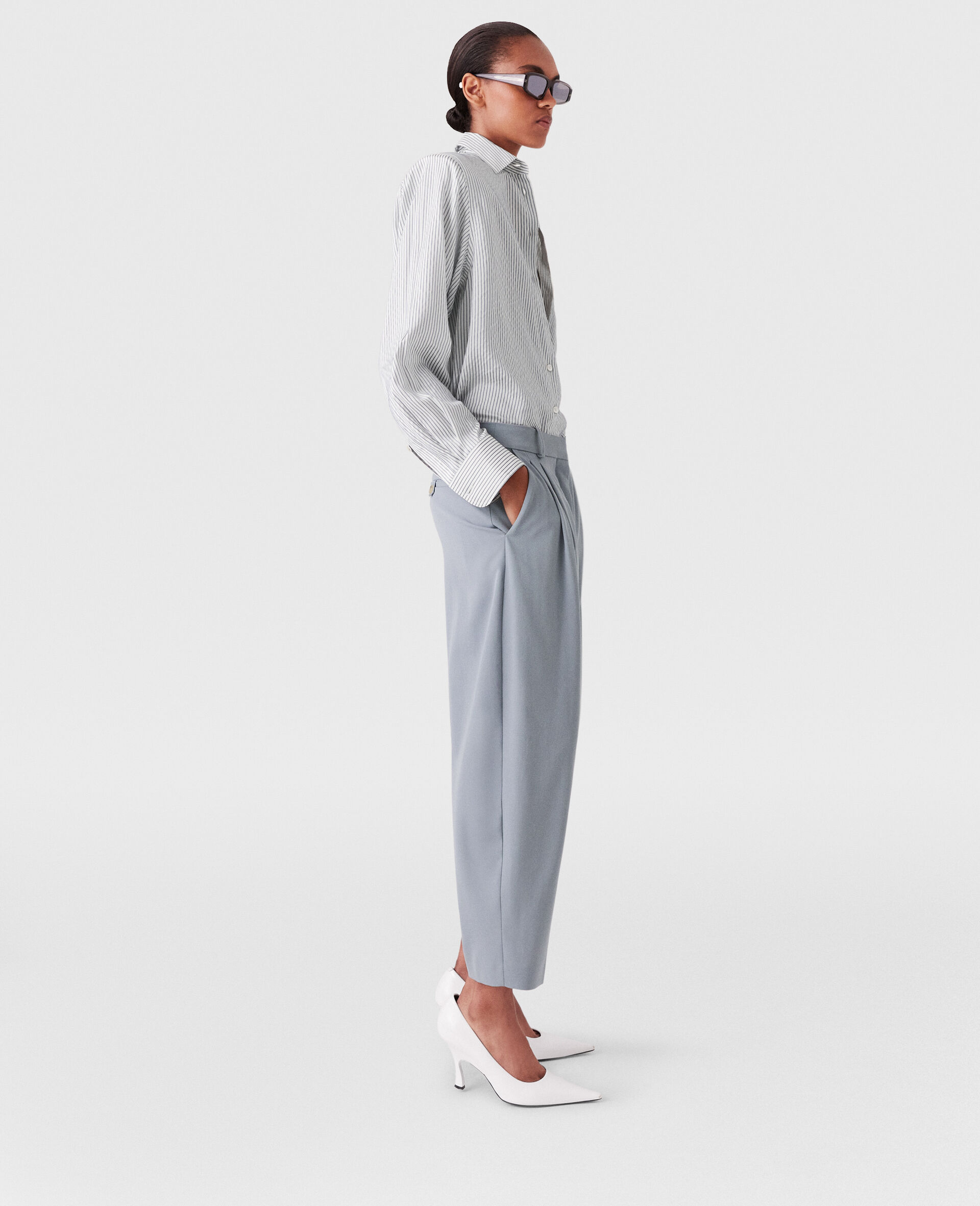 Pleated High-Rise Wool Trousers-Grey-large image number 2