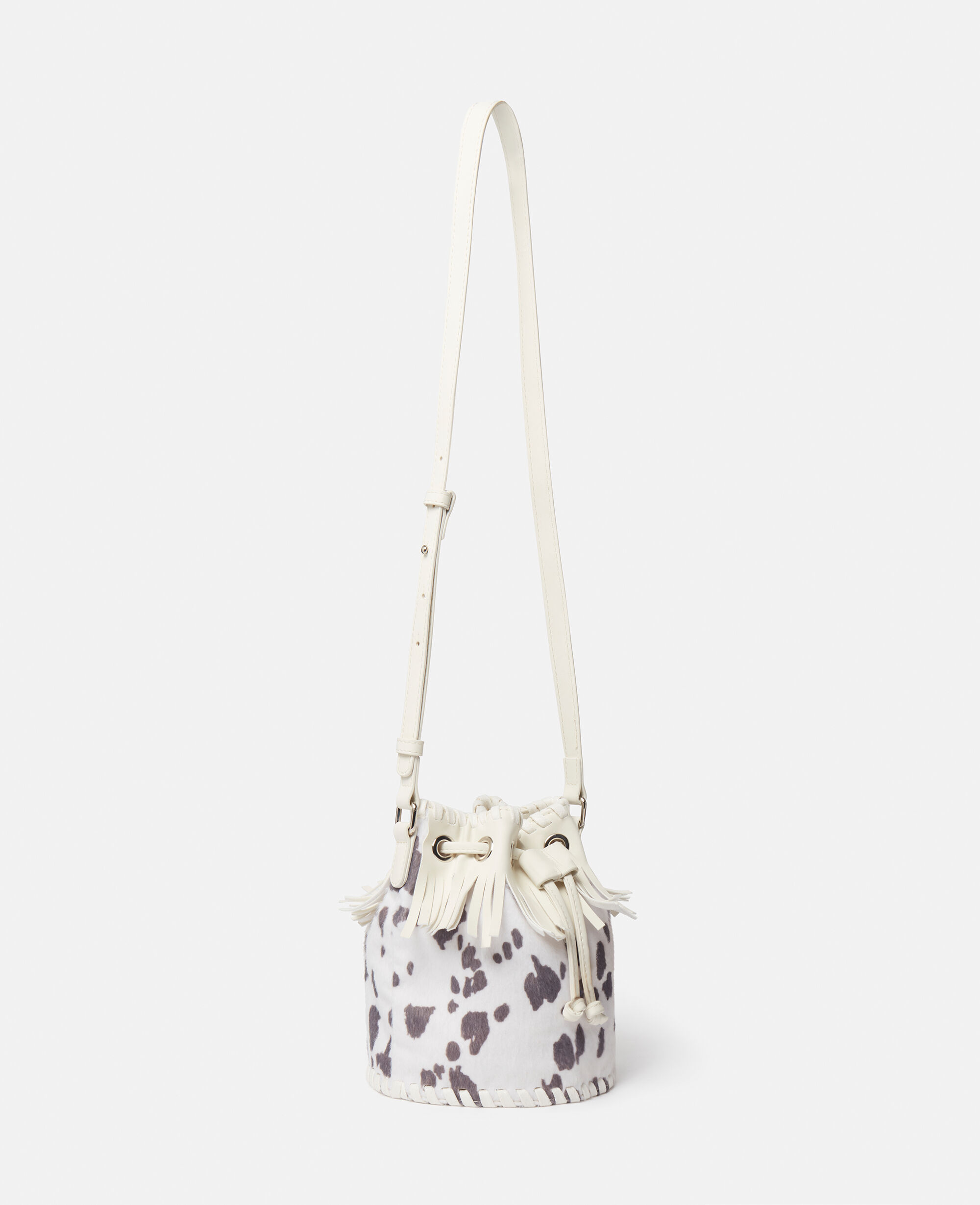 Women Ivory Cow Pattern Fringed Bucket Bag Stella McCartney KW