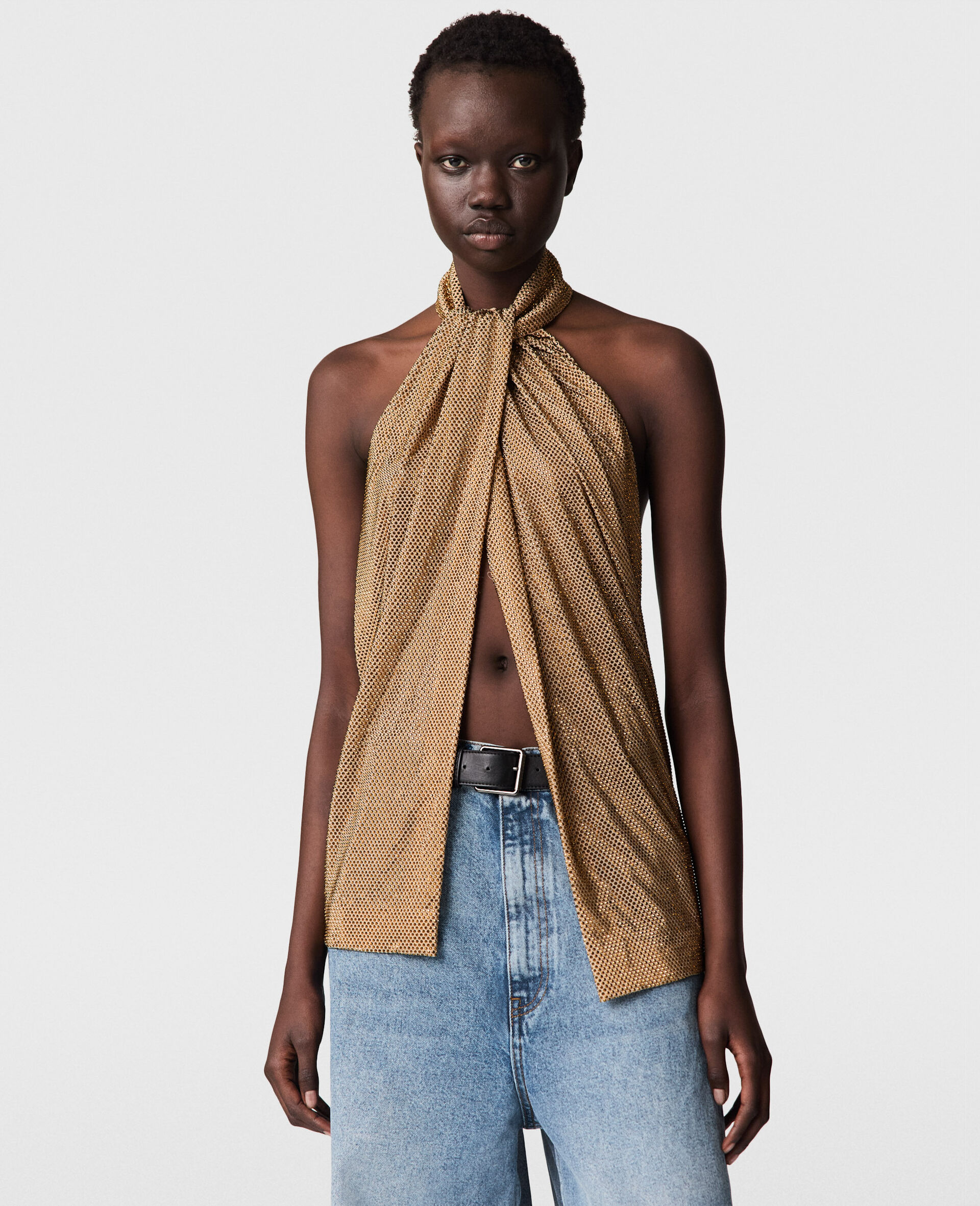 Strassbesetztes Top mit Neckholder-Einsatz-Gold-large image number 6