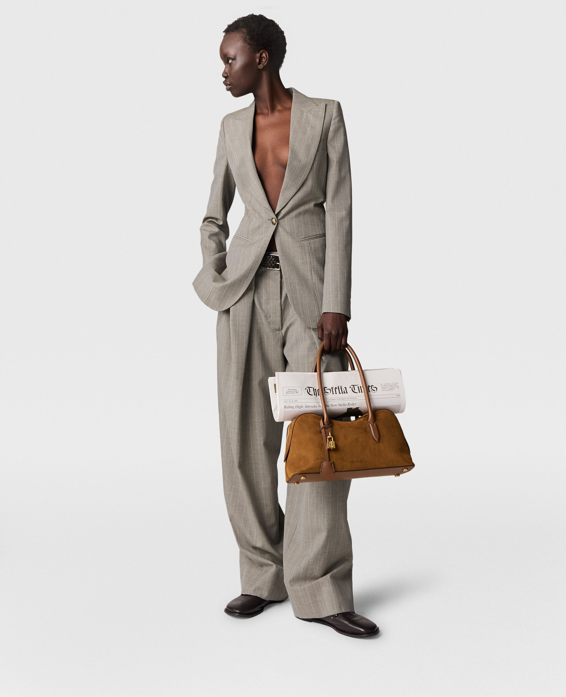 Single-Breasted Pinstripe Blazer-Grey-model Single-Breasted Pinstripe Blazer-Grey-model