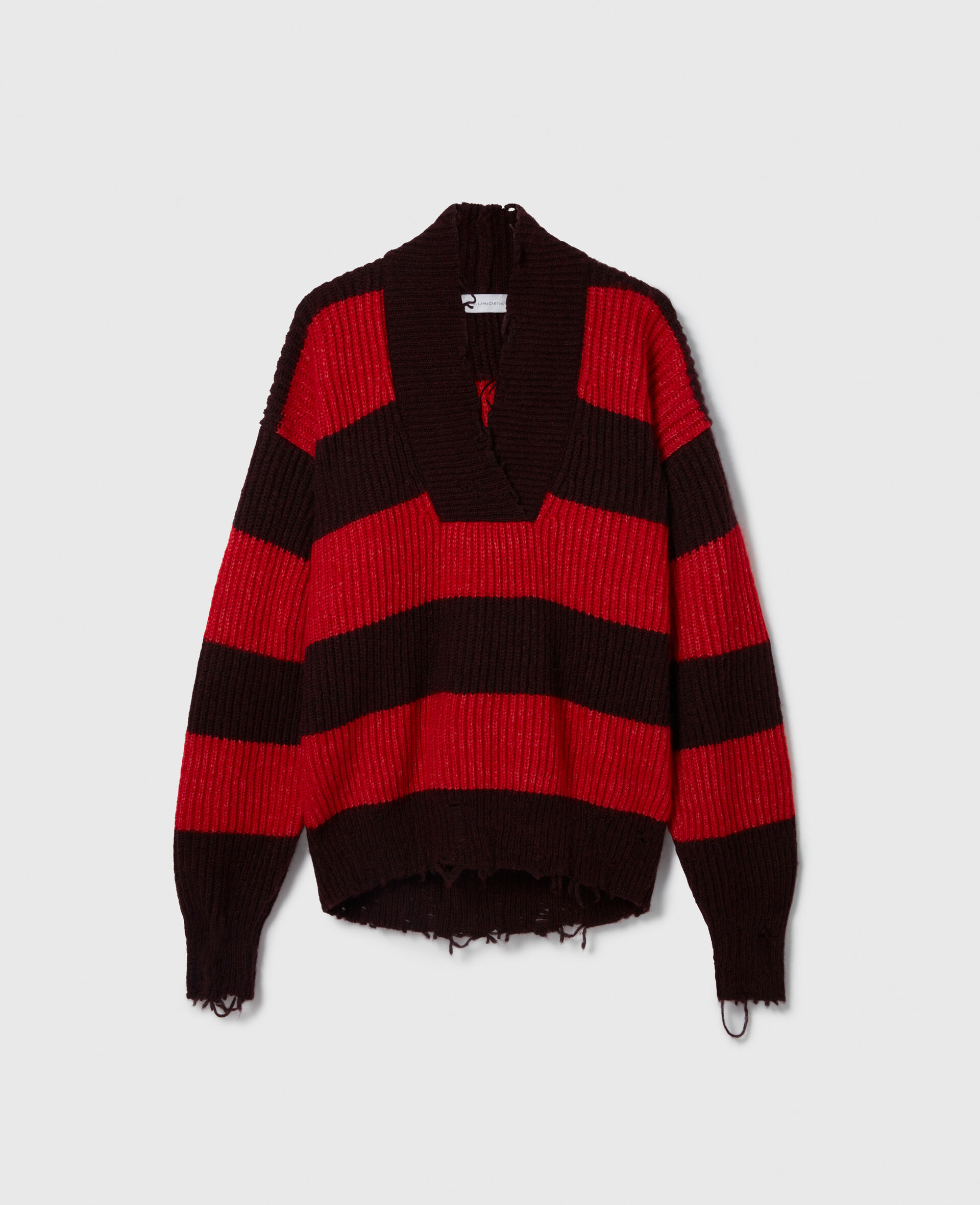 Pull oversize raye a col en V-Rouge-large image number 0