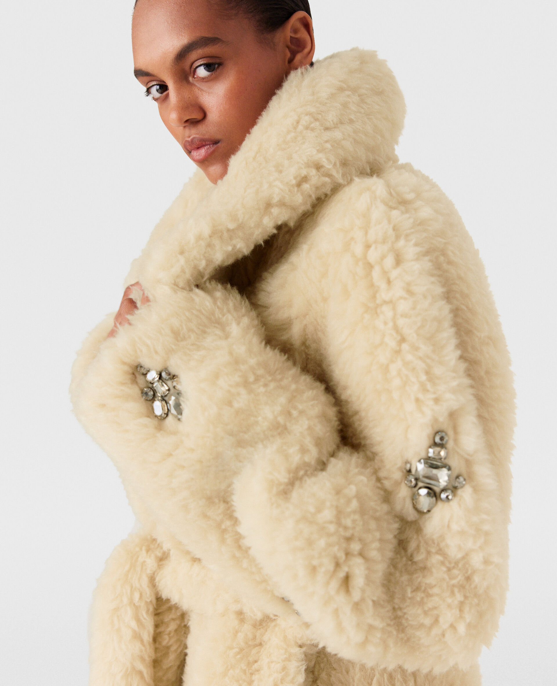 Crystal-Embellished Plush Teddy Coat-Cream-large image number 5