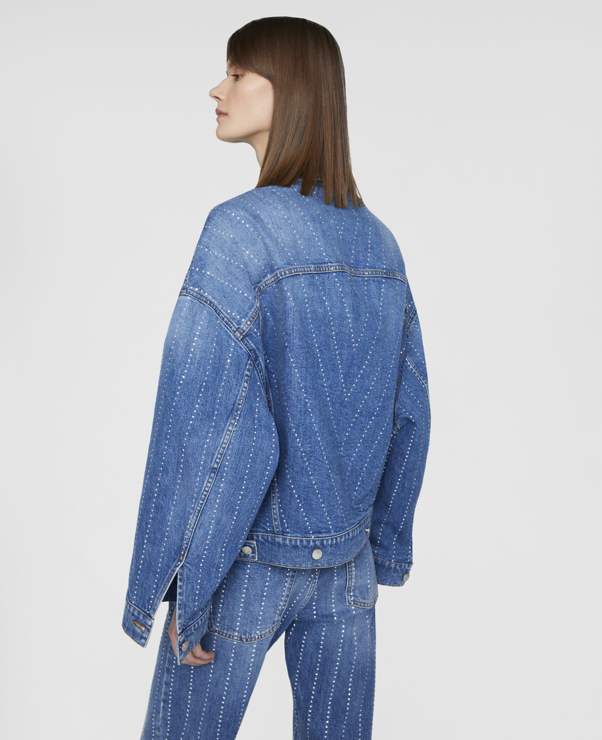 Diamanté Striped Oversized Denim Jacket-Blue-large image number 2