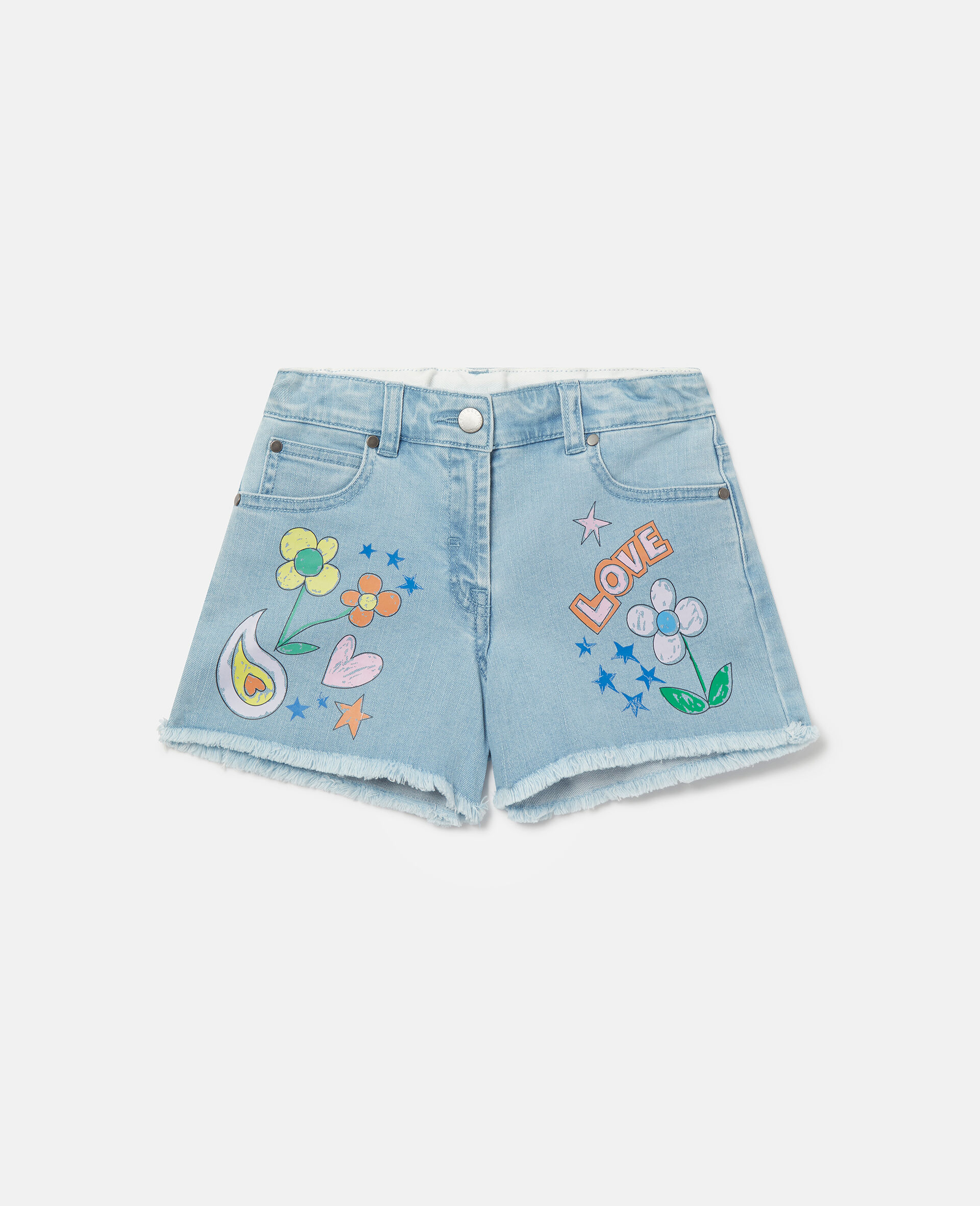 Doodle Print Denim Shorts-Blue-large image number 0
