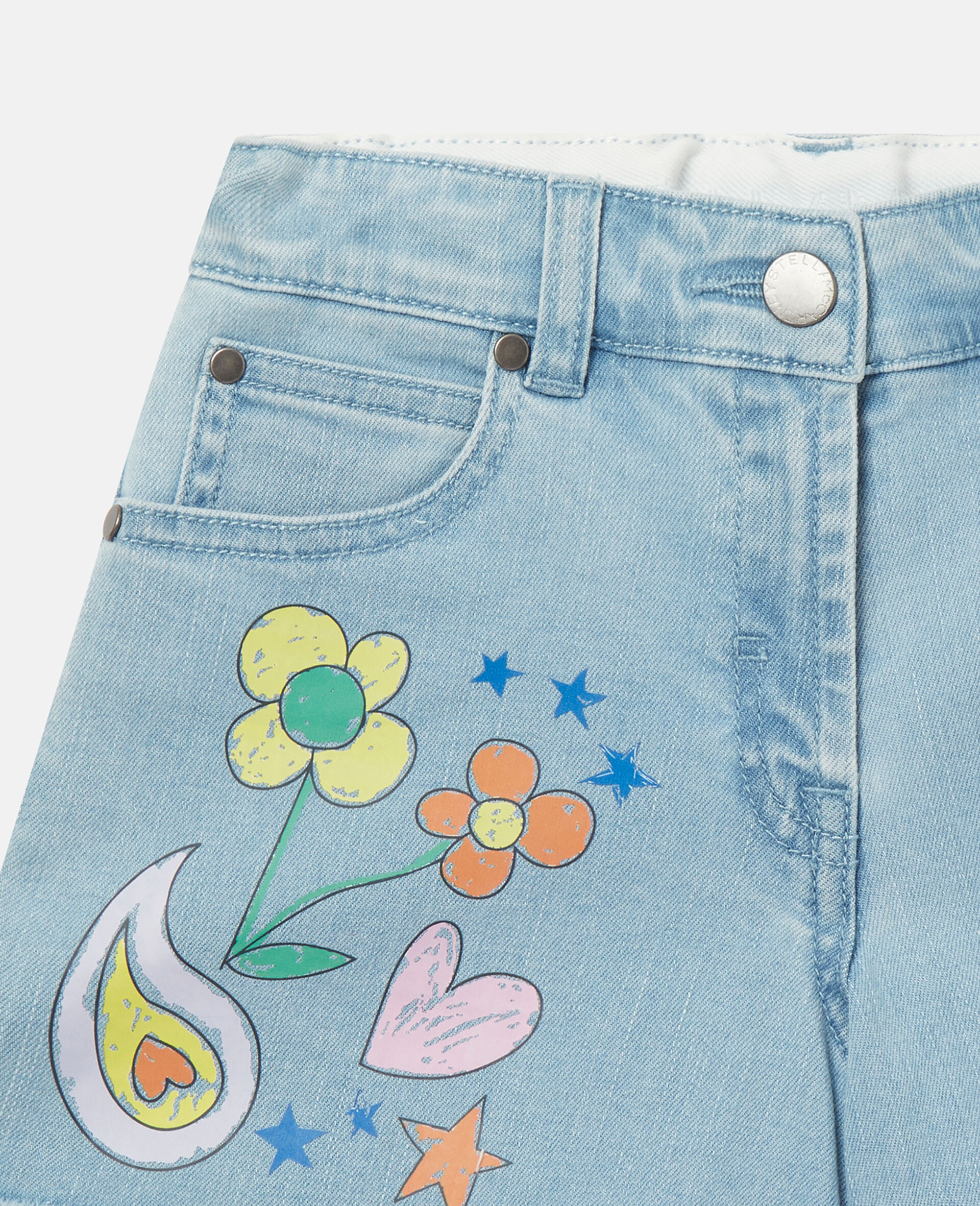 Doodle Print Denim Shorts-Blue-large image number 1