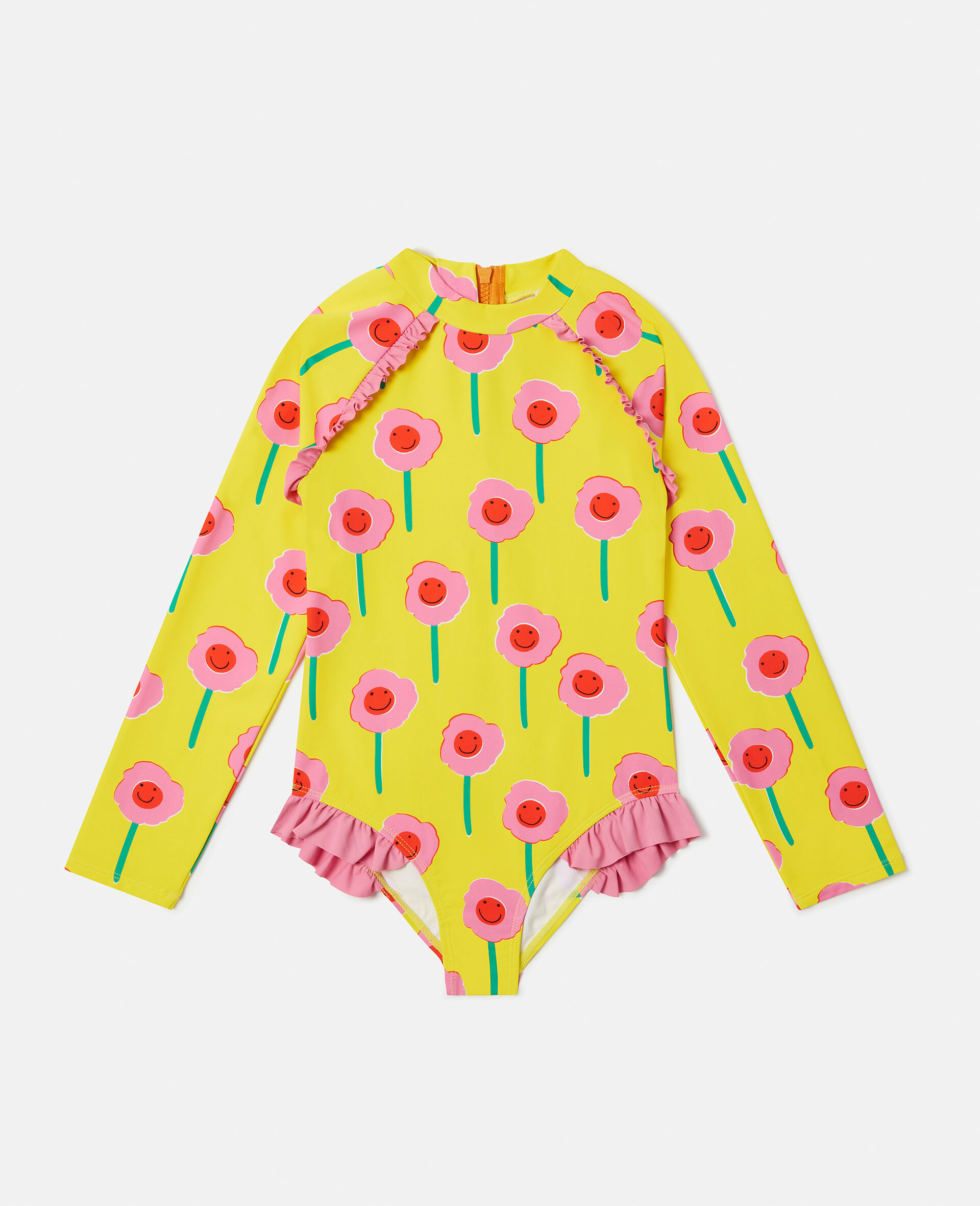 Graphic Flower Print Frill Long-Sleeve Swimsuit-Multicolour-large image number 2