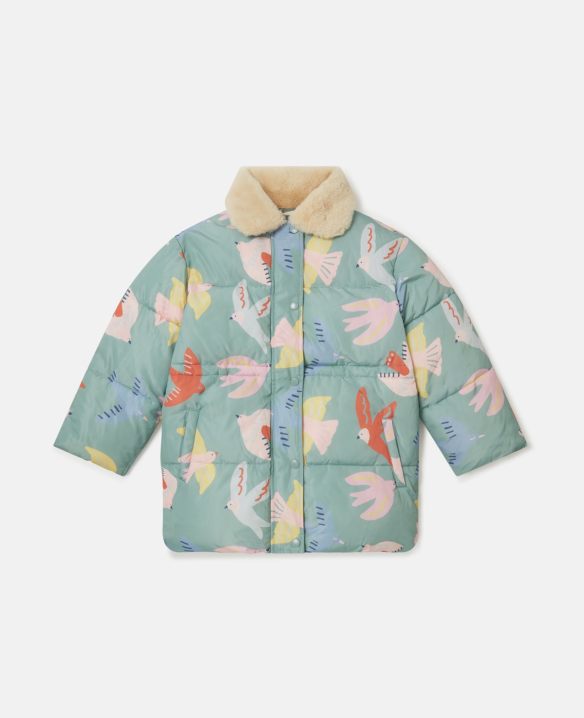 Stella McCartney - Dove Print Teddy Collar Puffer Coat, , Size: 12