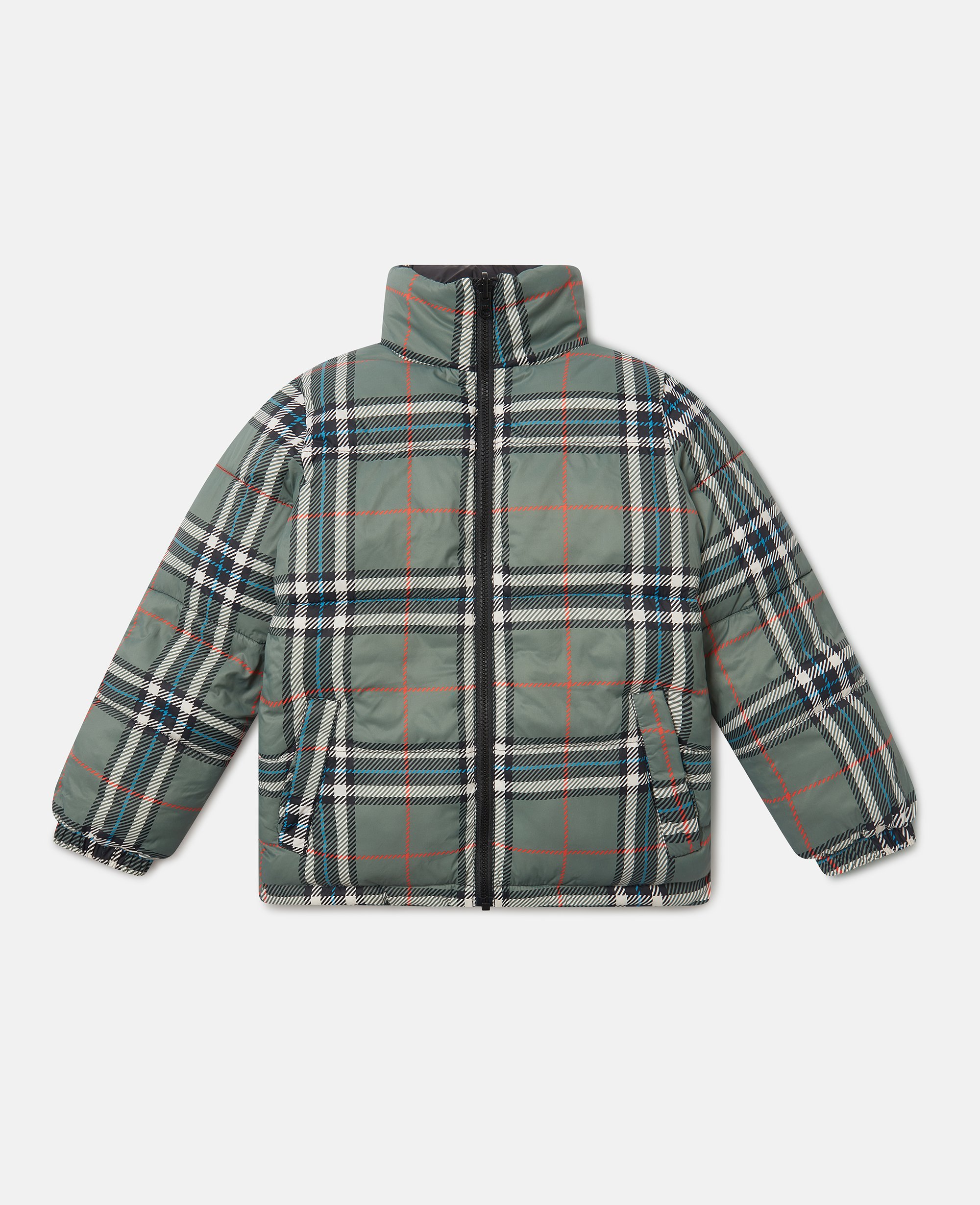 Stella McCartney - Puffermantel mit hohem Kragen und Karo-Futter, Grün/Mehrfarbig, Größe: 3