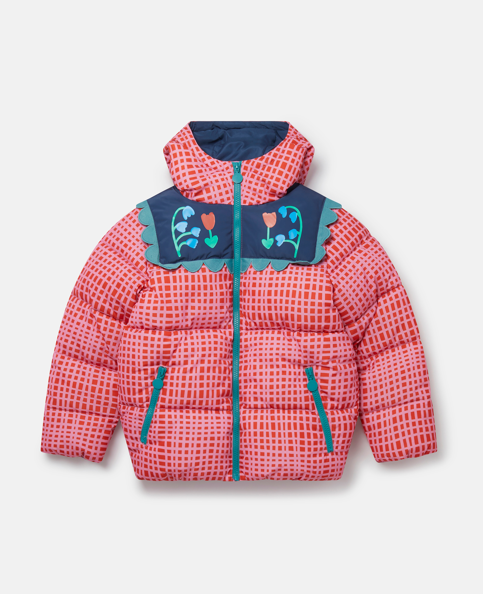 Stella Mccartney Folk Flower Check Print Puffer Coat In Pink