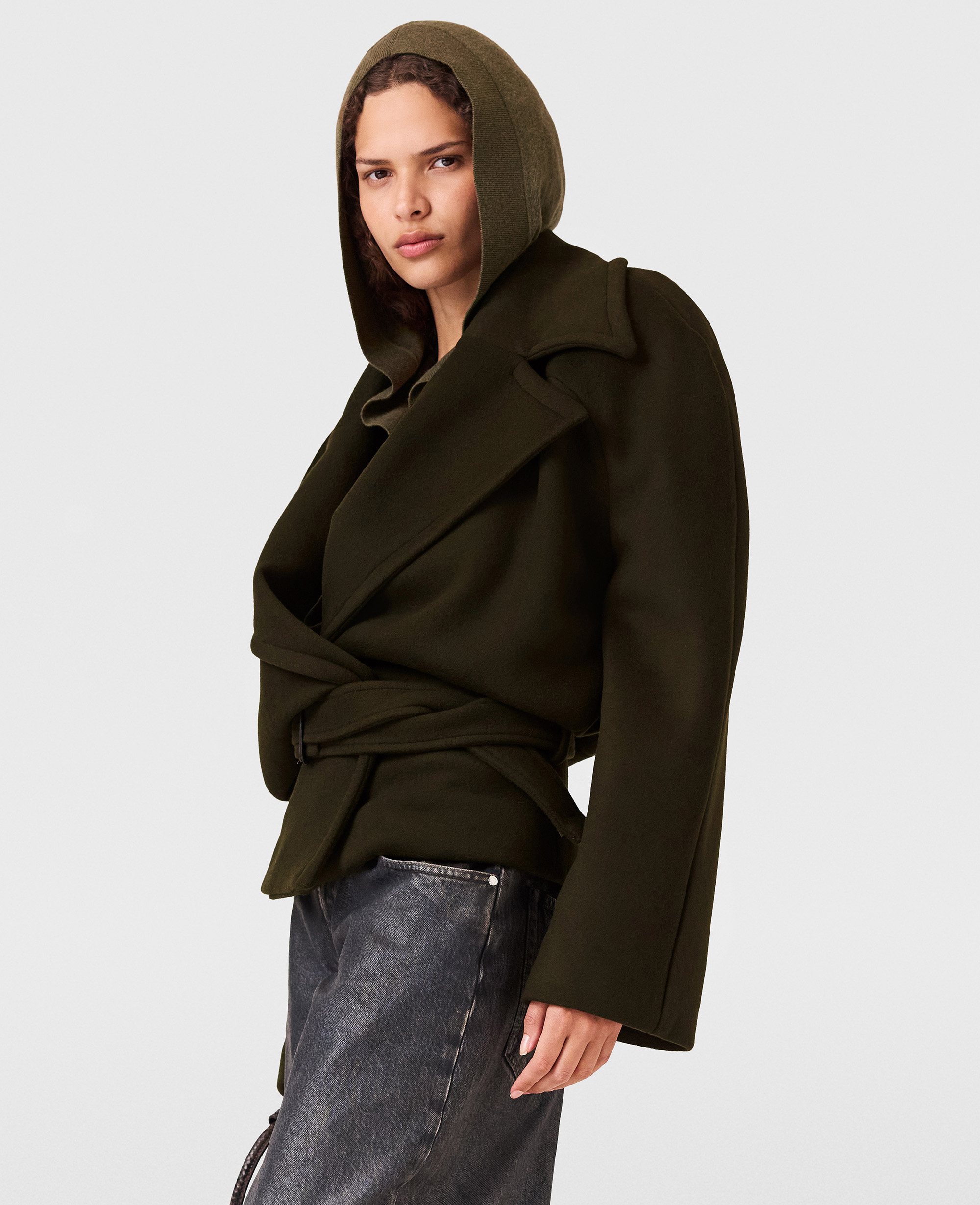 Stella Mccartney Cropped Belted Double-breasted Wool Coat In Green