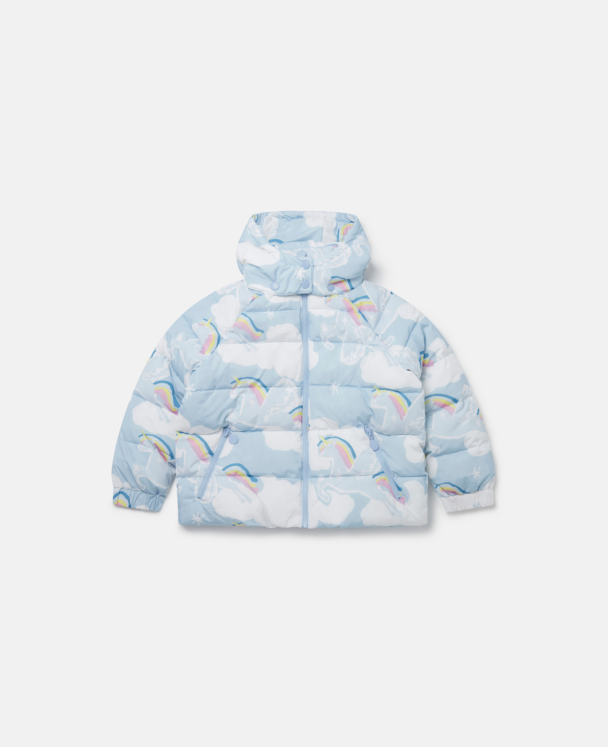 Stella Mccartney Kids' Rainbow Unicorn Cloud Print Puffer Coat In Blue