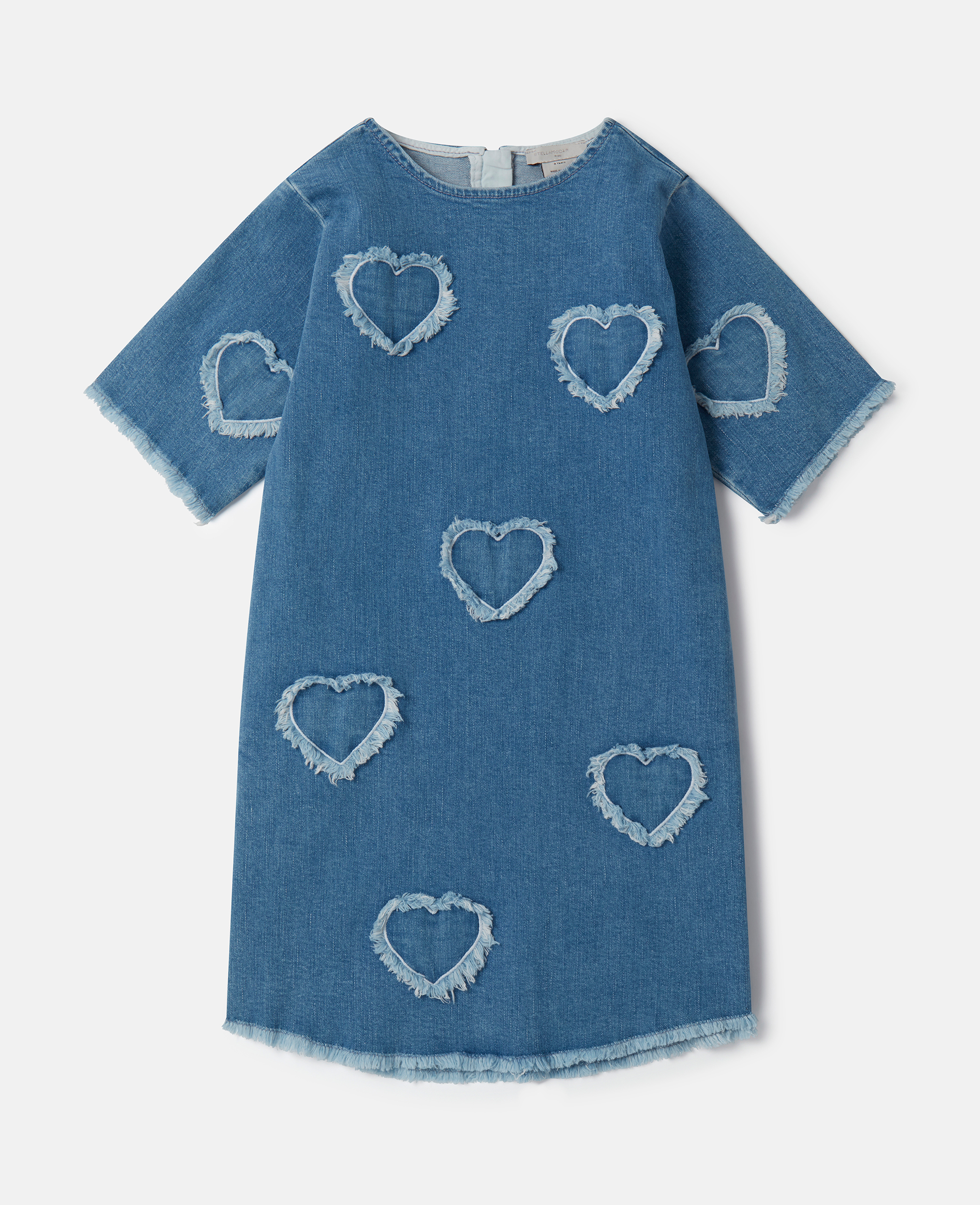 Shop Stella Mccartney Fringed-heart Patch Stretch-denim Dress In Blue