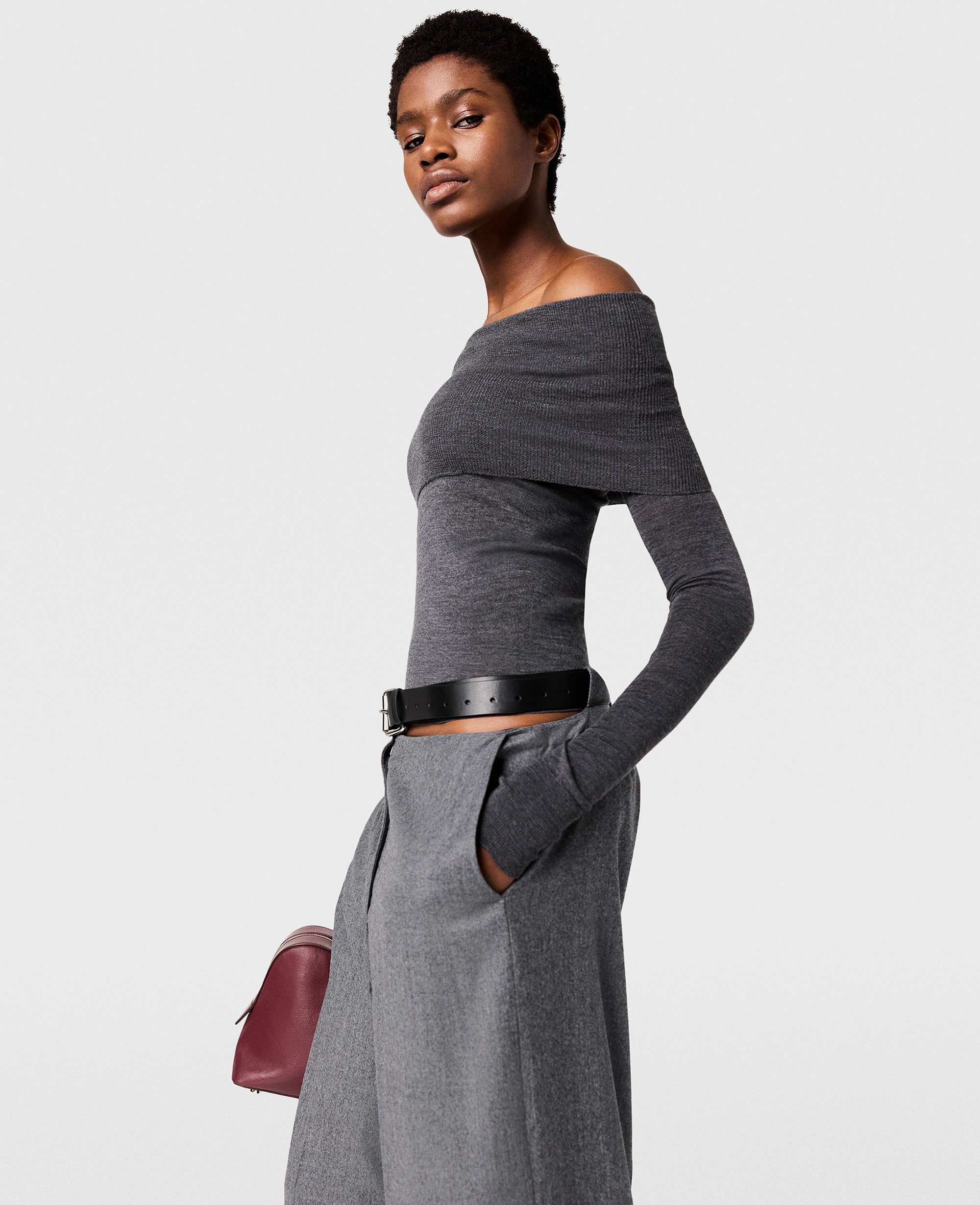 Stella McCartney - Maglione con Scollo Dritto e Maniche Lunghe, Donna, Grigio Scuro Mélange, Taglia: M