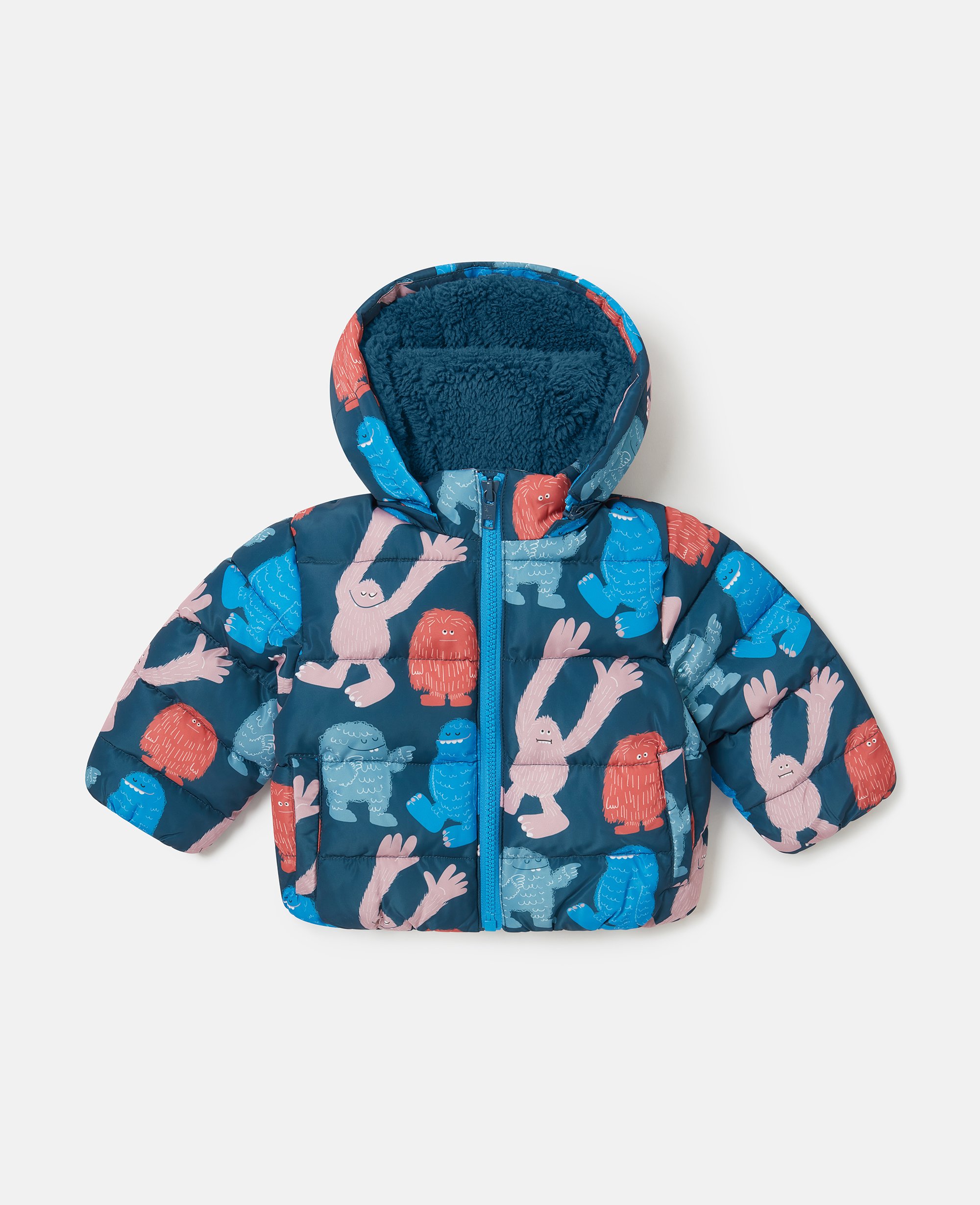 Stella McCartney - Puffermantel mit Kapuze und Monster-Print, Blau/Mehrfarbig, Größe: 18m
