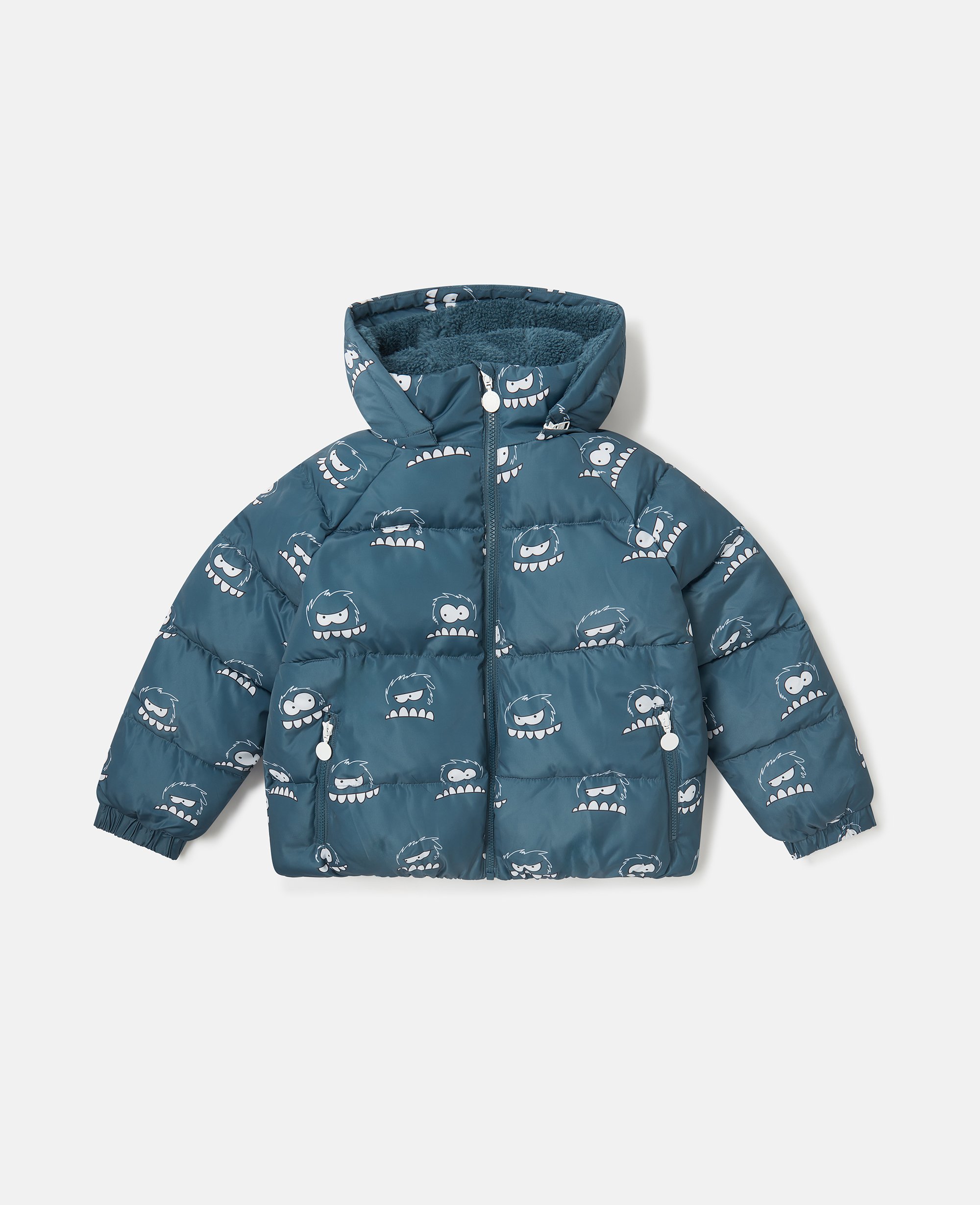 Stella McCartney - Monster Print Hooded Puffer Coat, Blue, Size: 10
