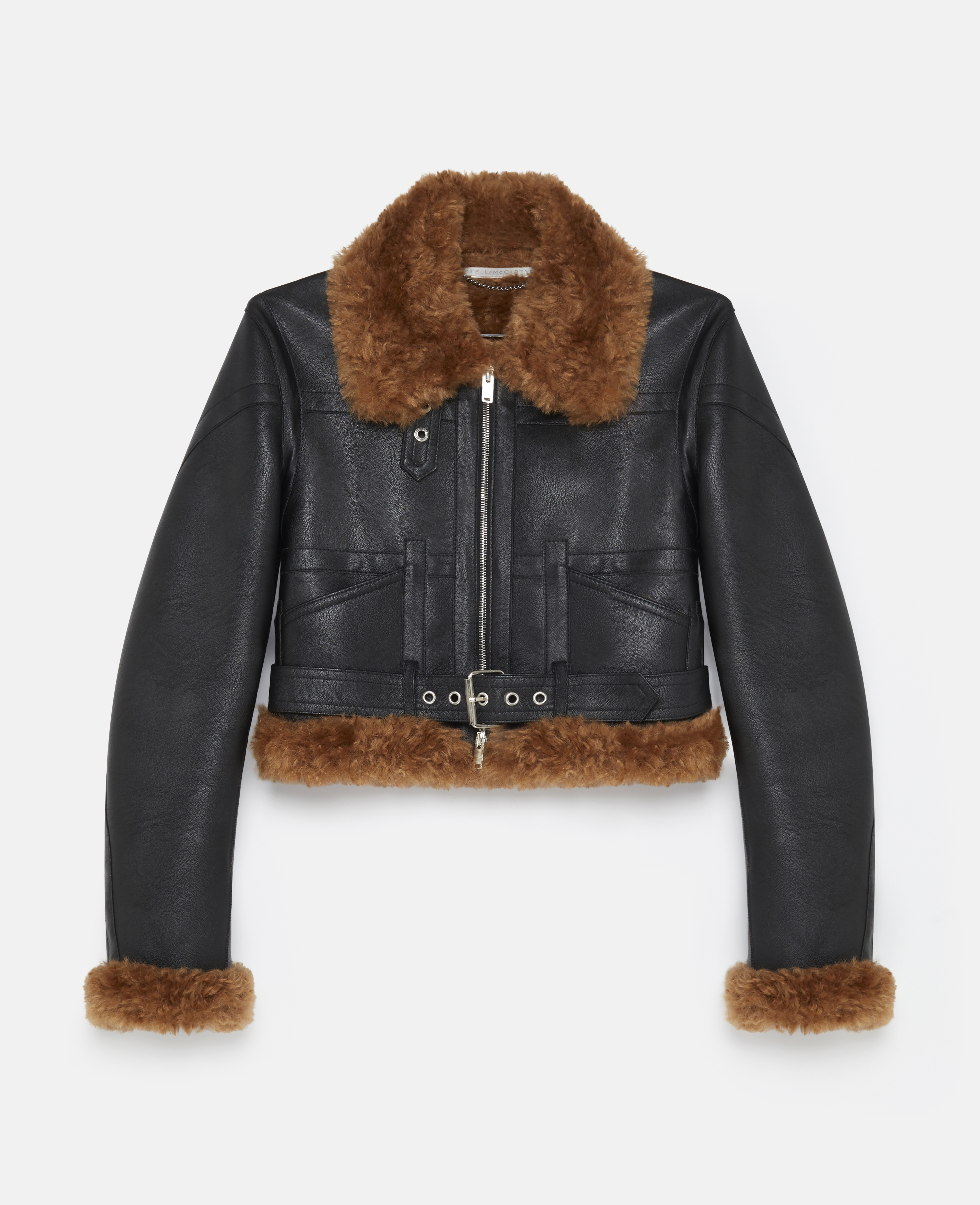 Stella McCartney – Plush Teddy Cropped Biker Jacket, Woman, Midnight black, Size: 40
