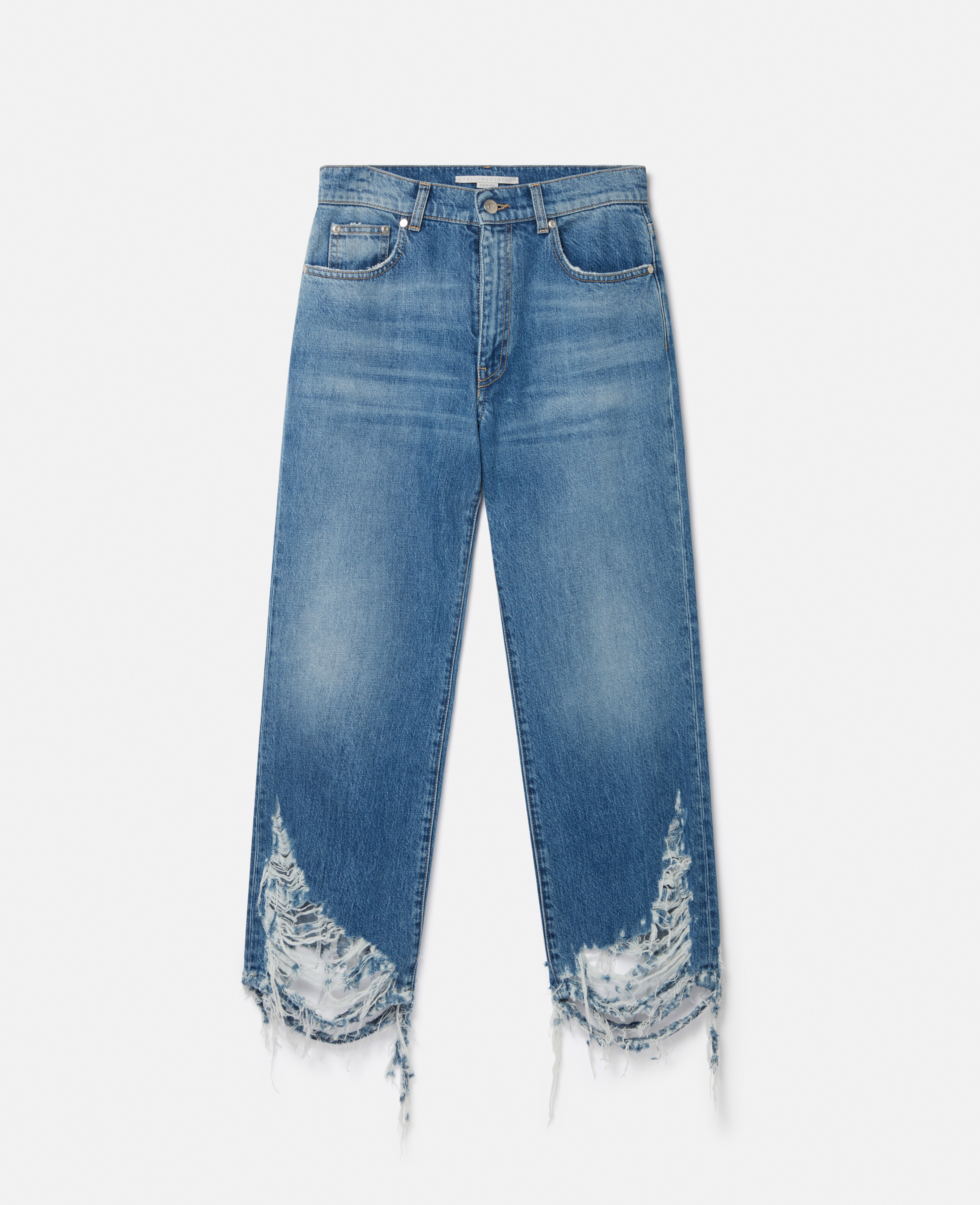 Stella Mccartney Vintage Wash Deconstructed Straight Leg Jeans In Mid Blue