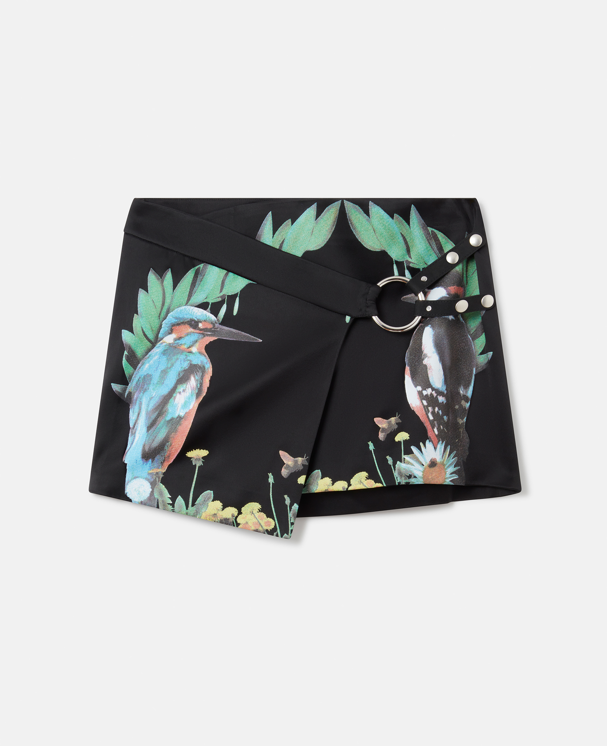 STELLA MCCARTNEY BIRD CREST PRINT SATIN WRAP MINI SKIRT