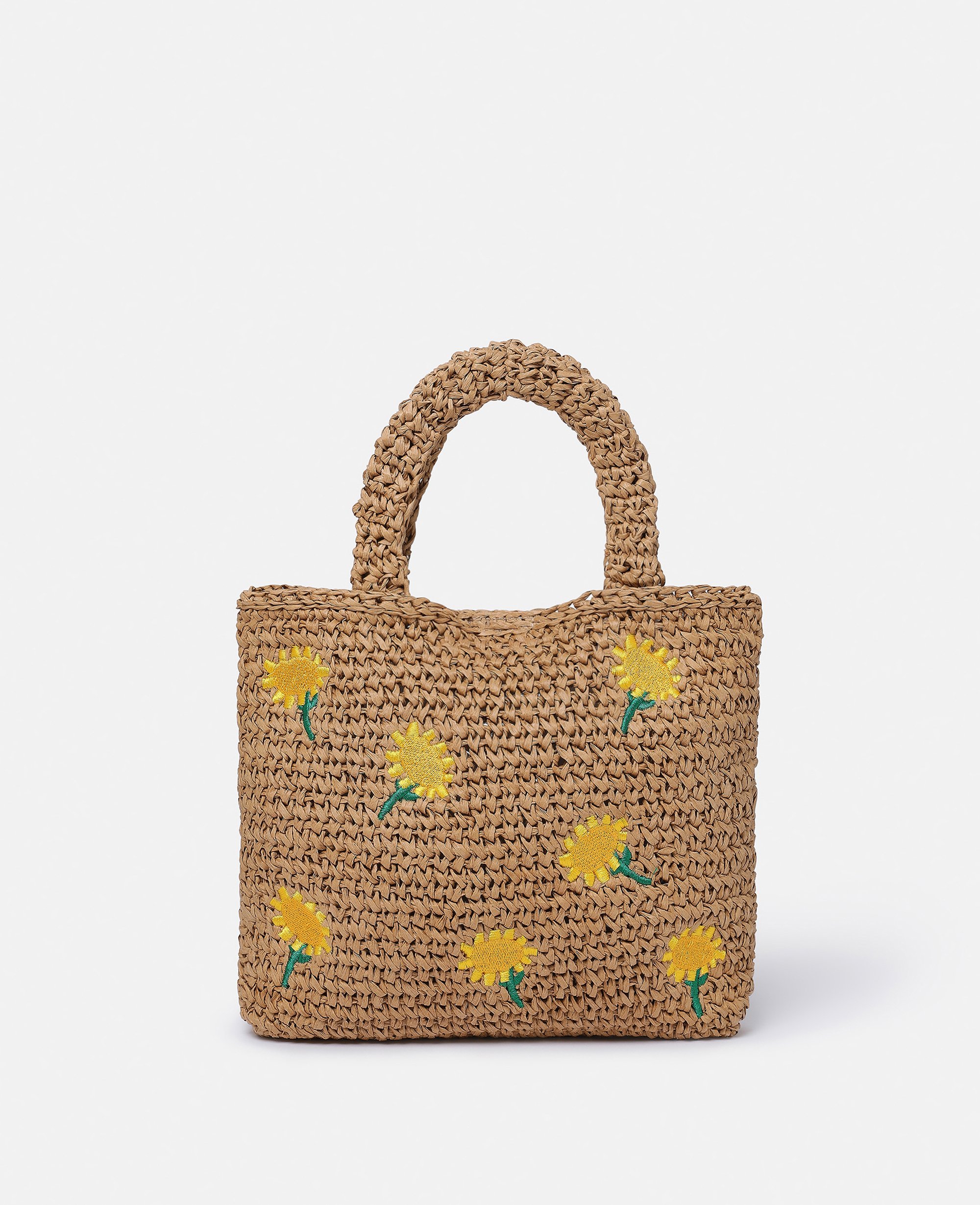 Stella Mccartney Kids' Sunflower Embroidery Raffia Tote Bag In Nut Brown