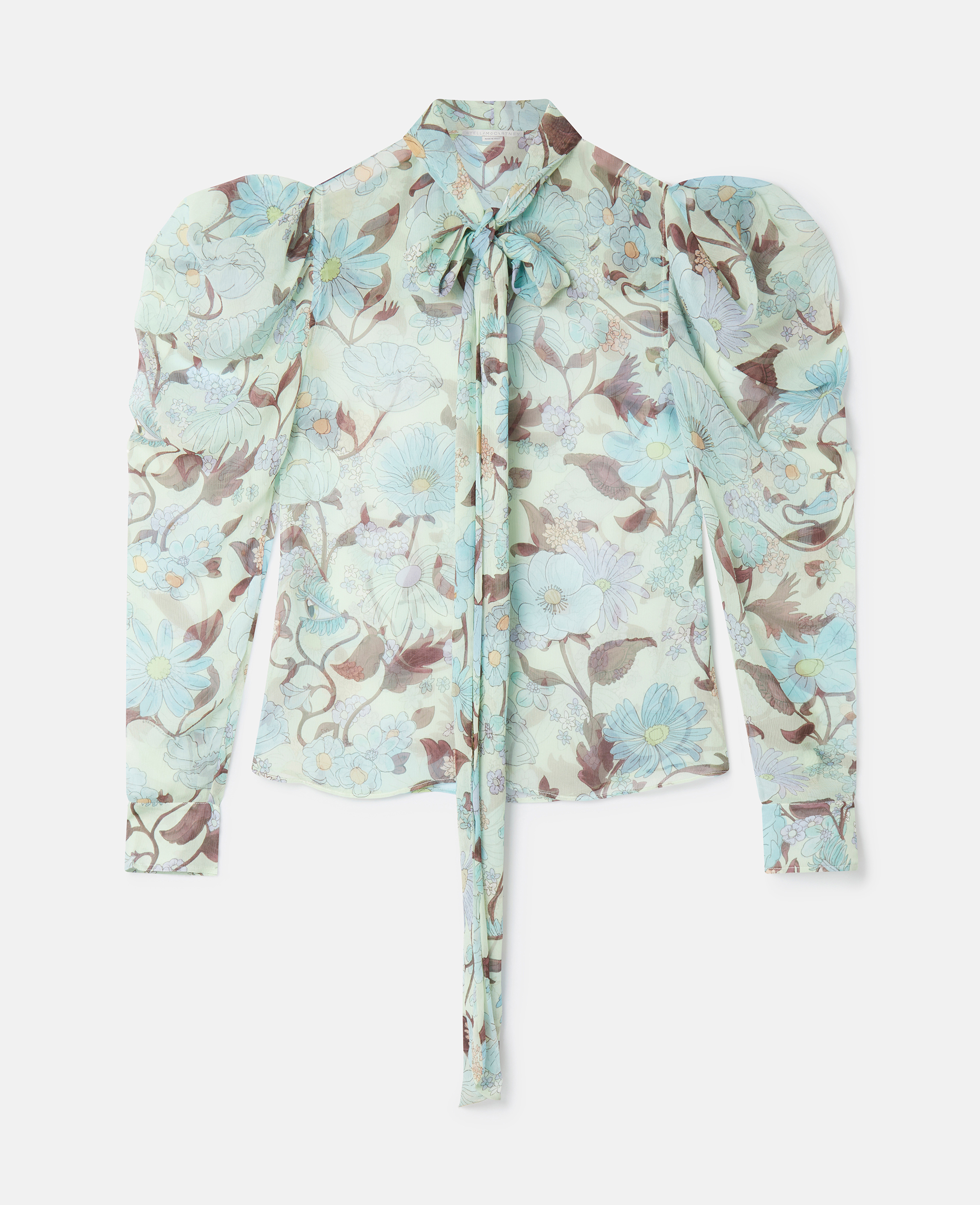 Stella Mccartney Lady Garden Print Silk Chiffon Pussybow Shirt In Mint Multicolour