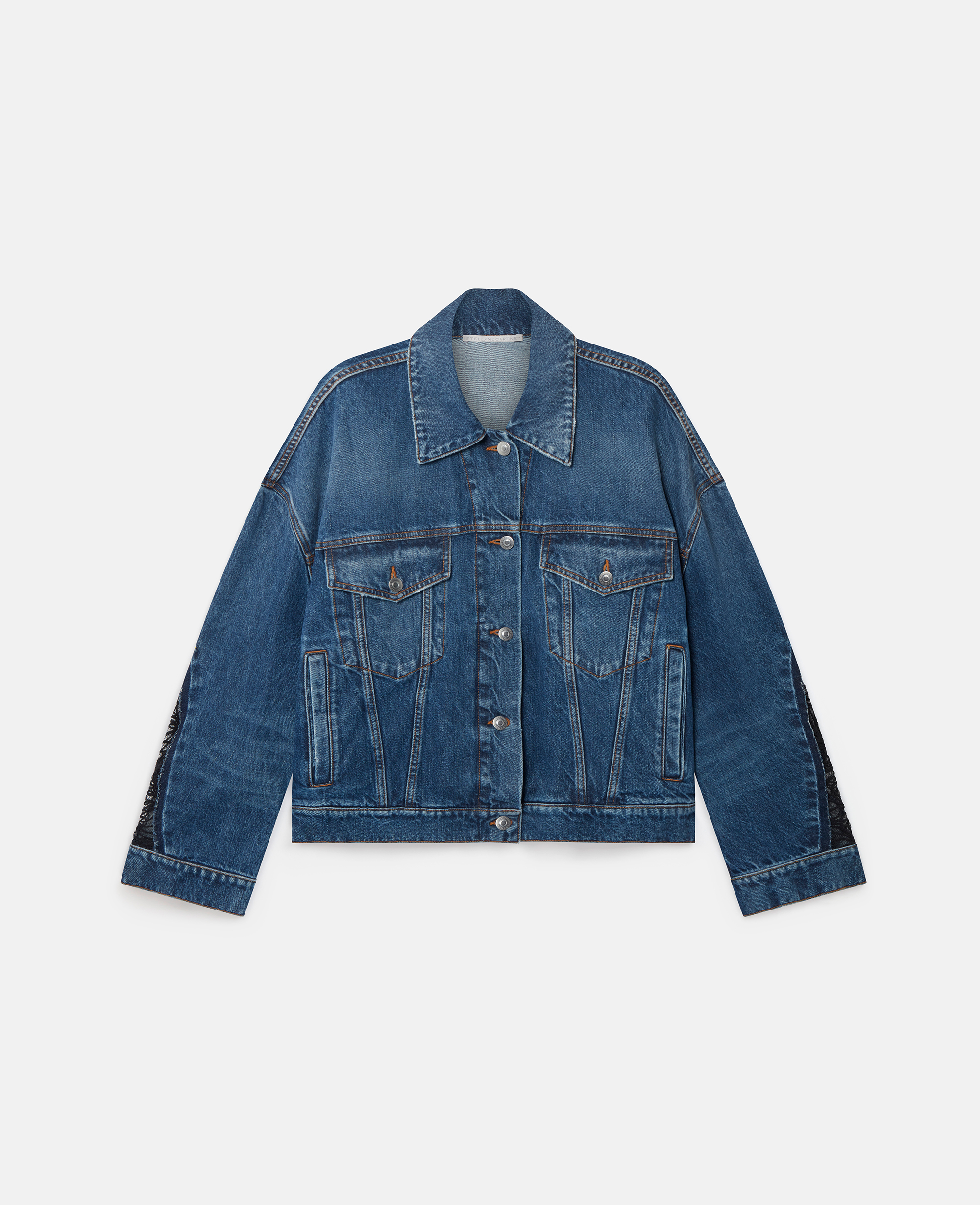 Shop Stella Mccartney Lace-insert Denim Jacket In Vintage Wash Blue Denim