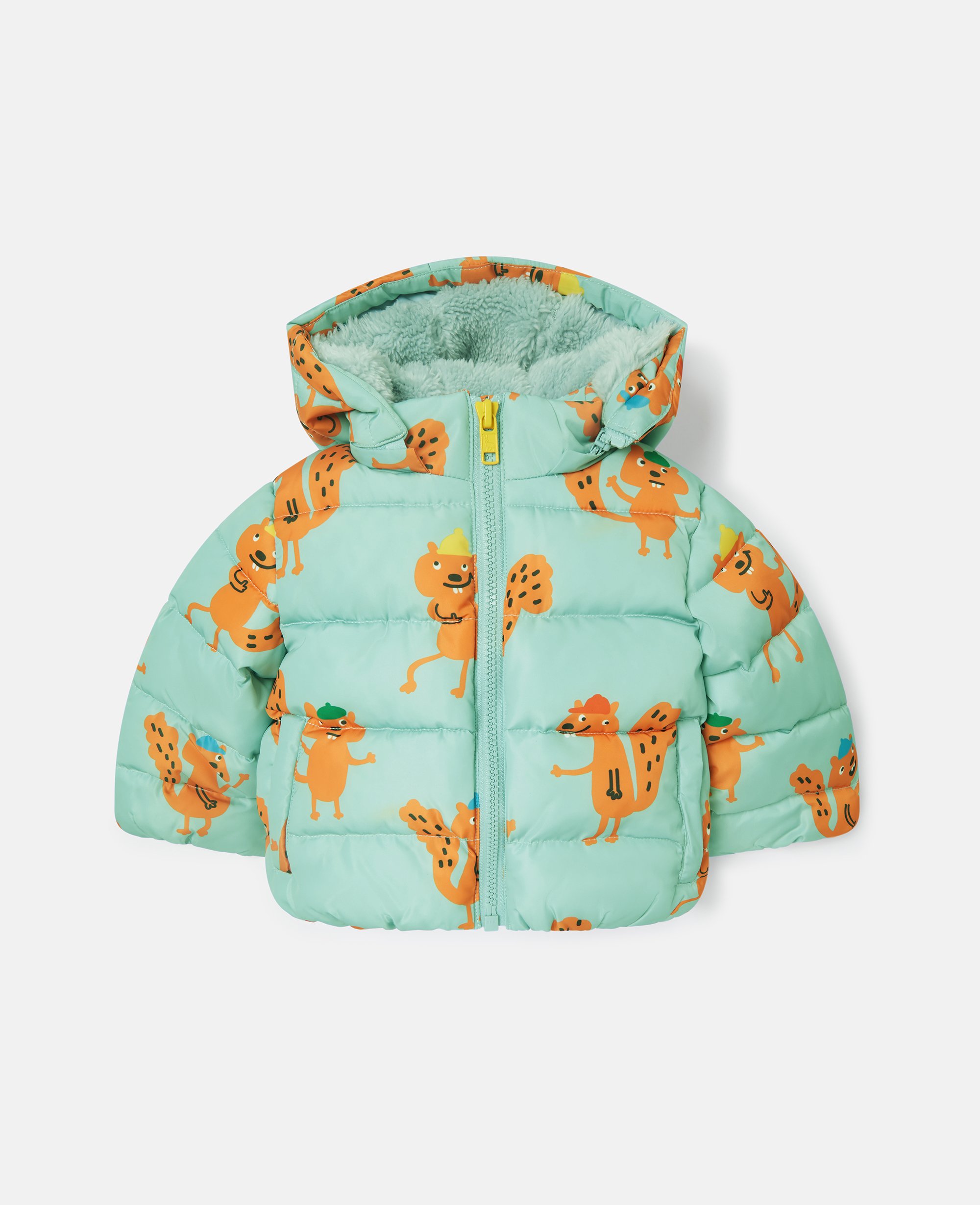 Stella McCartney - Puffermantel mit Kapuze und Eichhörnchen-Print, Azurblau, Größe: 24m